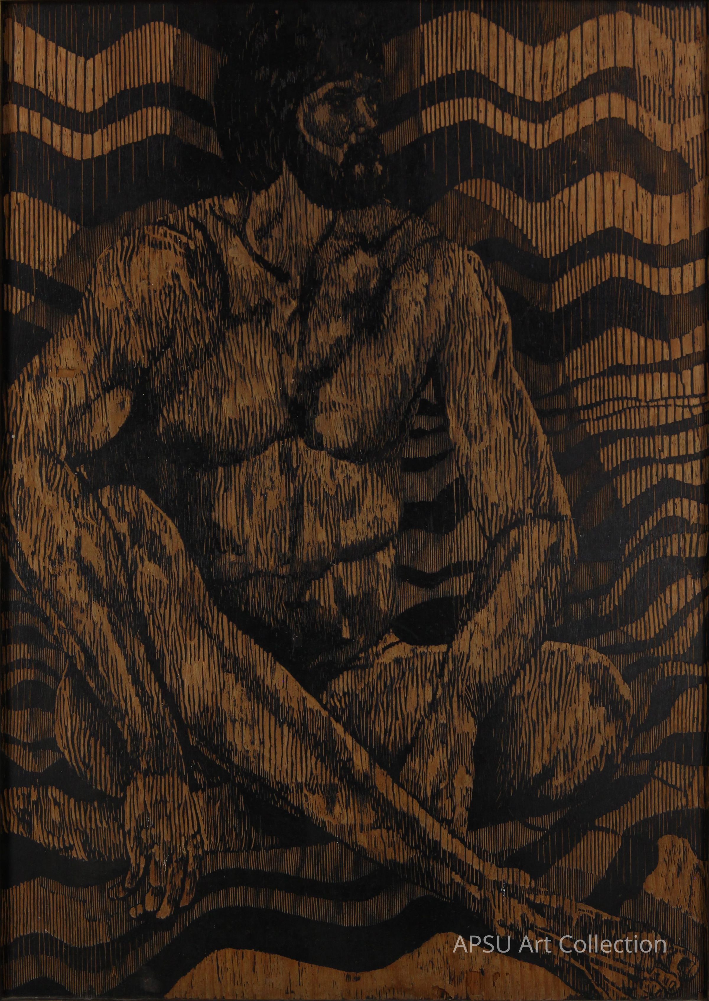 This artwork portrays a muscular male figure, depicted in an abstract and textured style using deep black and distinct wood grain patterns over a brown background. The subject is primarily captured in a seated pose, turning slightly, with details emphasized through dramatic contrasts and flowing lines that intersect and overlay, creating a complex visual of human form and abstract elements. This expressive piece merges organic motifs with human anatomy, evoking themes of strength, nature, and perhaps introspection.