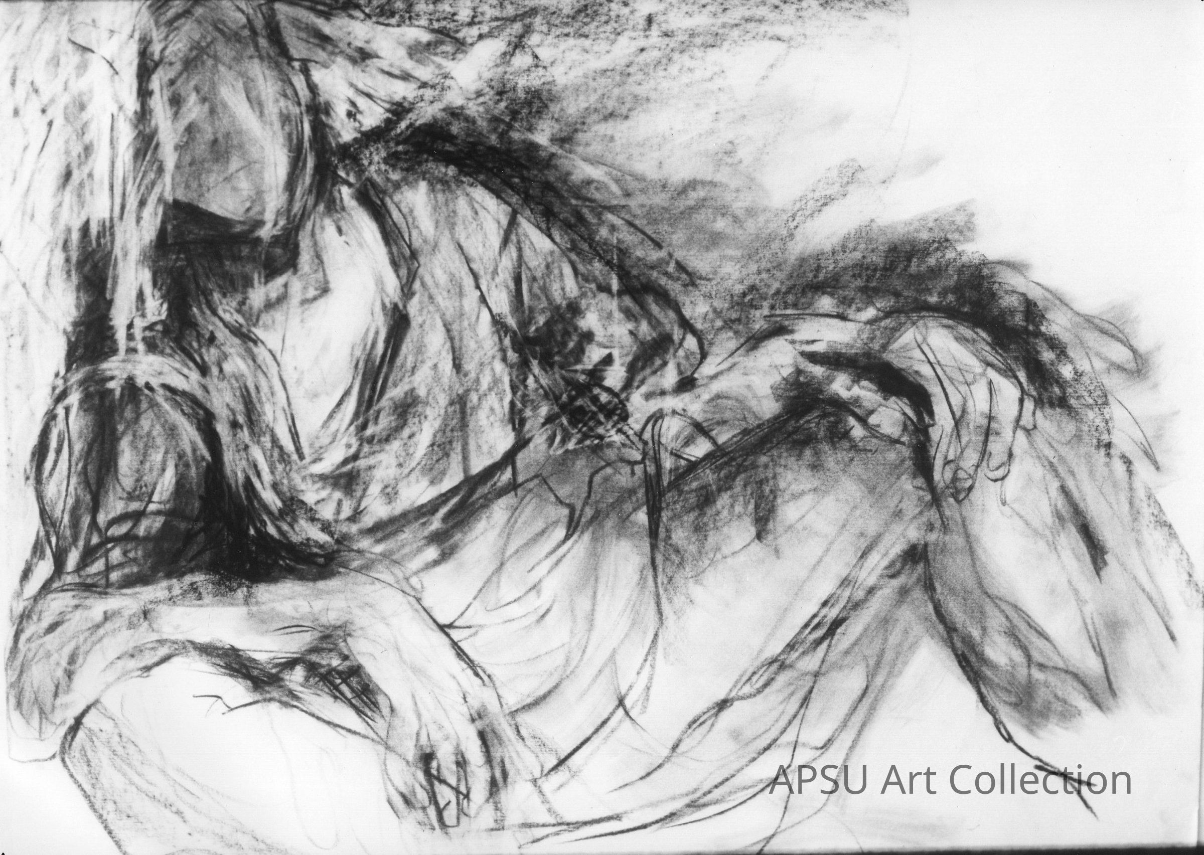 Girl in Corner: This abstract black and white sketch uses dynamic and expressive charcoal lines to depict a seated figure, focusing on the intricate details of the hands and the flow of the fabric, with shading that suggests depth and movement, creating an emotive, almost ethereal atmosphere that invites the viewer to interpret the underlying emotions and narrative of the piece.