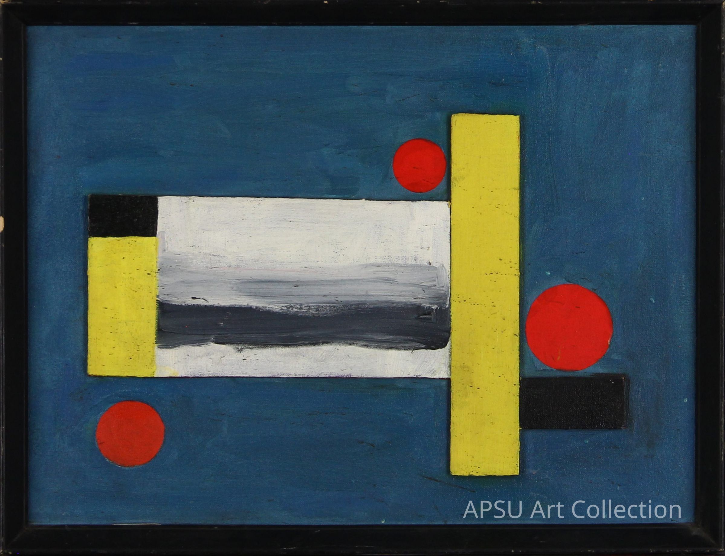 This abstract painting features a composition of geometric forms against a textured blue background. Central to the piece is a horizontal white rectangle with layered shades of gray and black, intersected vertically by two bold yellow rectangles. Accompanying these are three vivid red circles, strategically placed to create balance within the artwork. A small black rectangle completes the arrangement, positioned at the ends of the yellow bars, enhancing the contrast between the primary colors and the background.