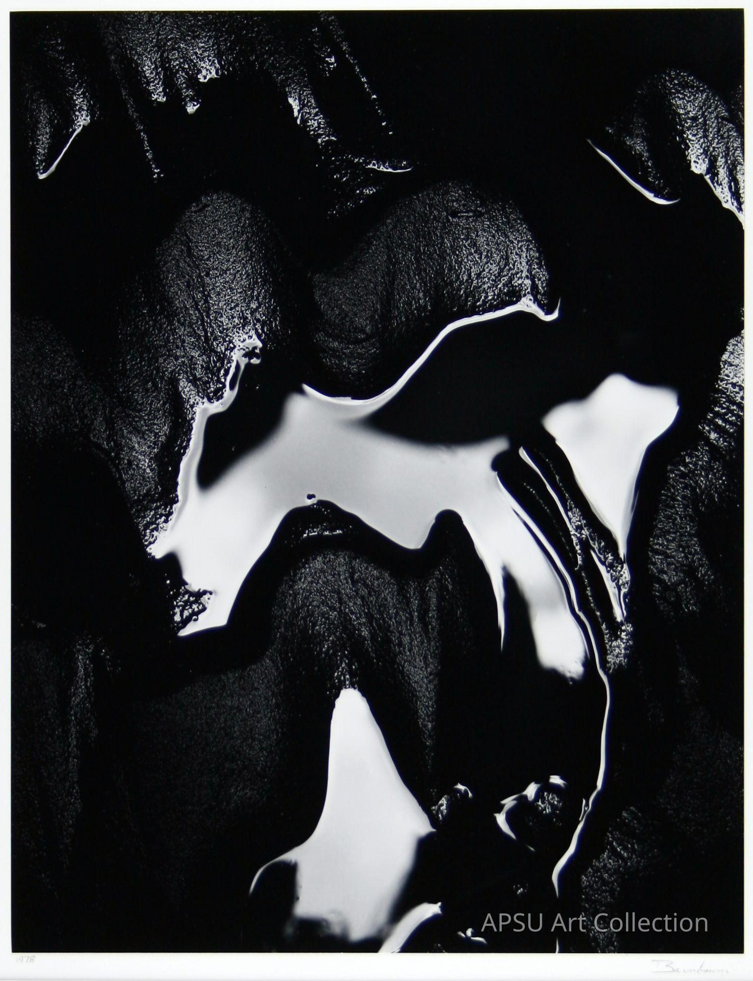 The image features an abstract black and white composition resembling fluid movement over a rough, textured surface, where glossy, reflective white areas contrast with the matte, shadowy black portions, creating a dynamic interplay of light and darkness. The curves and shapes in the image evoke a sense of motion and fluidity, resembling waves or flowing liquid. The interplay between light and dark areas creates a dramatic and visually engaging effect, drawing the viewer's attention to the intricate details and textures present in the composition.