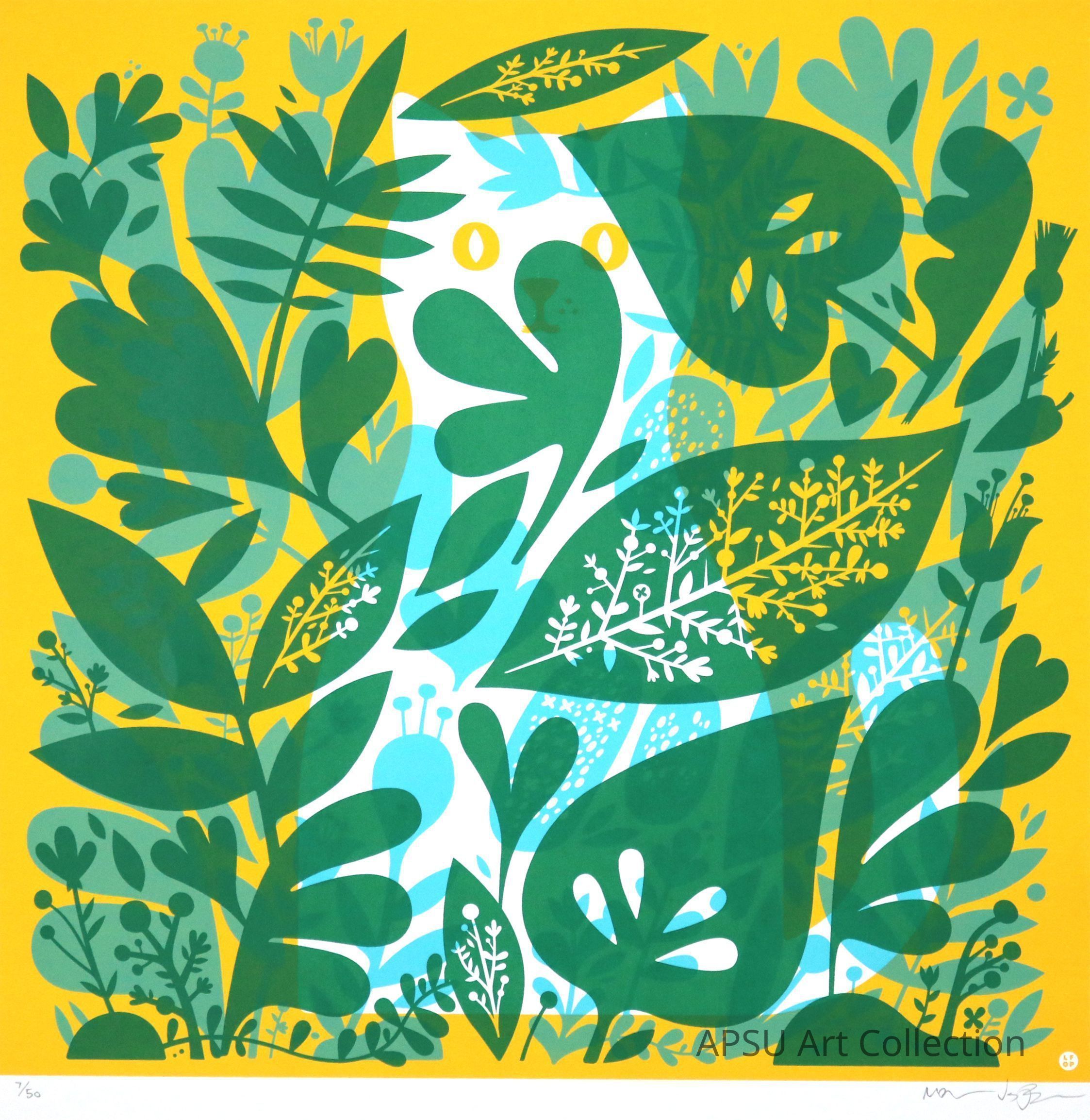 This is a vibrant artwork featuring an abstract representation of a white cat subtly hidden among various green and blue leaves and floral elements on a bright yellow background, giving a sense of a lively, natural setting. The piece is defined by its bold use of color and stylized foliage, creating a playful interaction between the animal figure and its environment.