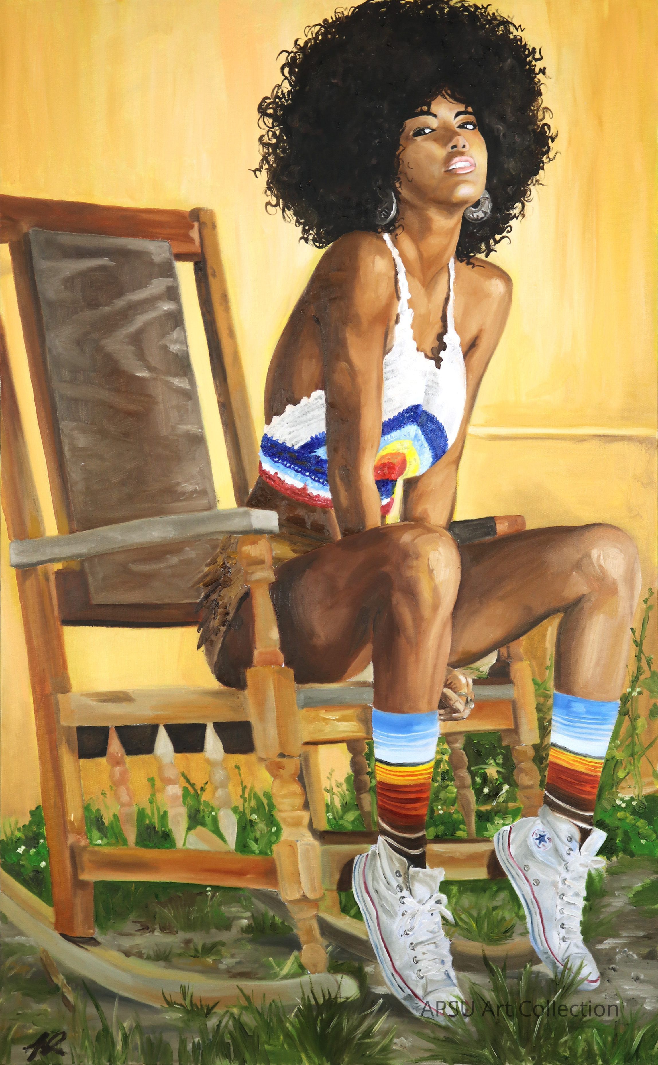 This painting features a Black woman sitting on a wooden rocking chair, exuding a strong and confident aura. She sports a voluminous, curly afro and wears a colorful striped tank top paired with denim shorts. White sneakers and vibrant striped socks complete her look. Her pose is relaxed yet expressive, with crossed arms and legs, and she gazes upward with a thoughtful expression. The background and chair are rendered in warm yellow and brown tones, highlighting her as the central figure.