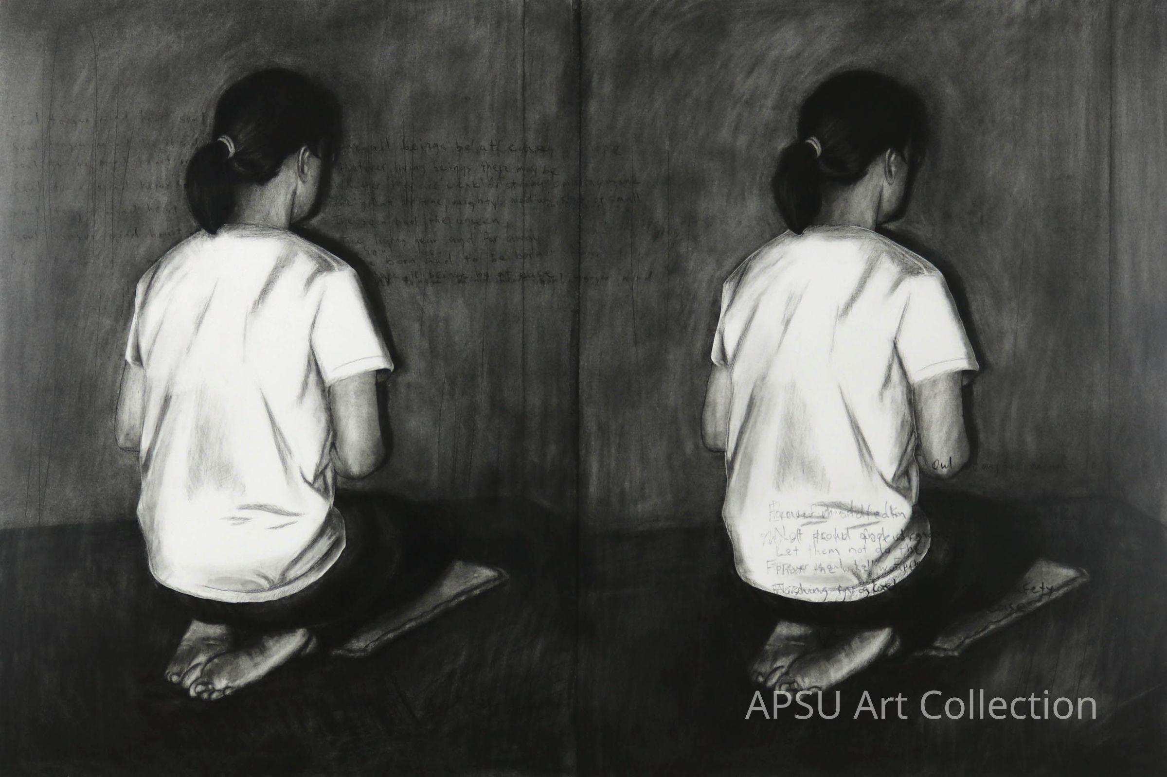 The image depicts two drawn figures of a person in a white shirt and black pants kneeling on a dark surface, facing a wall, in grayscale; their hair is tied back in a ponytail, and they are positioned side by side with slight variations in posture, surrounded by faint text on the wall, creating a somber and introspective atmosphere that suggests themes of reflection or contemplation.