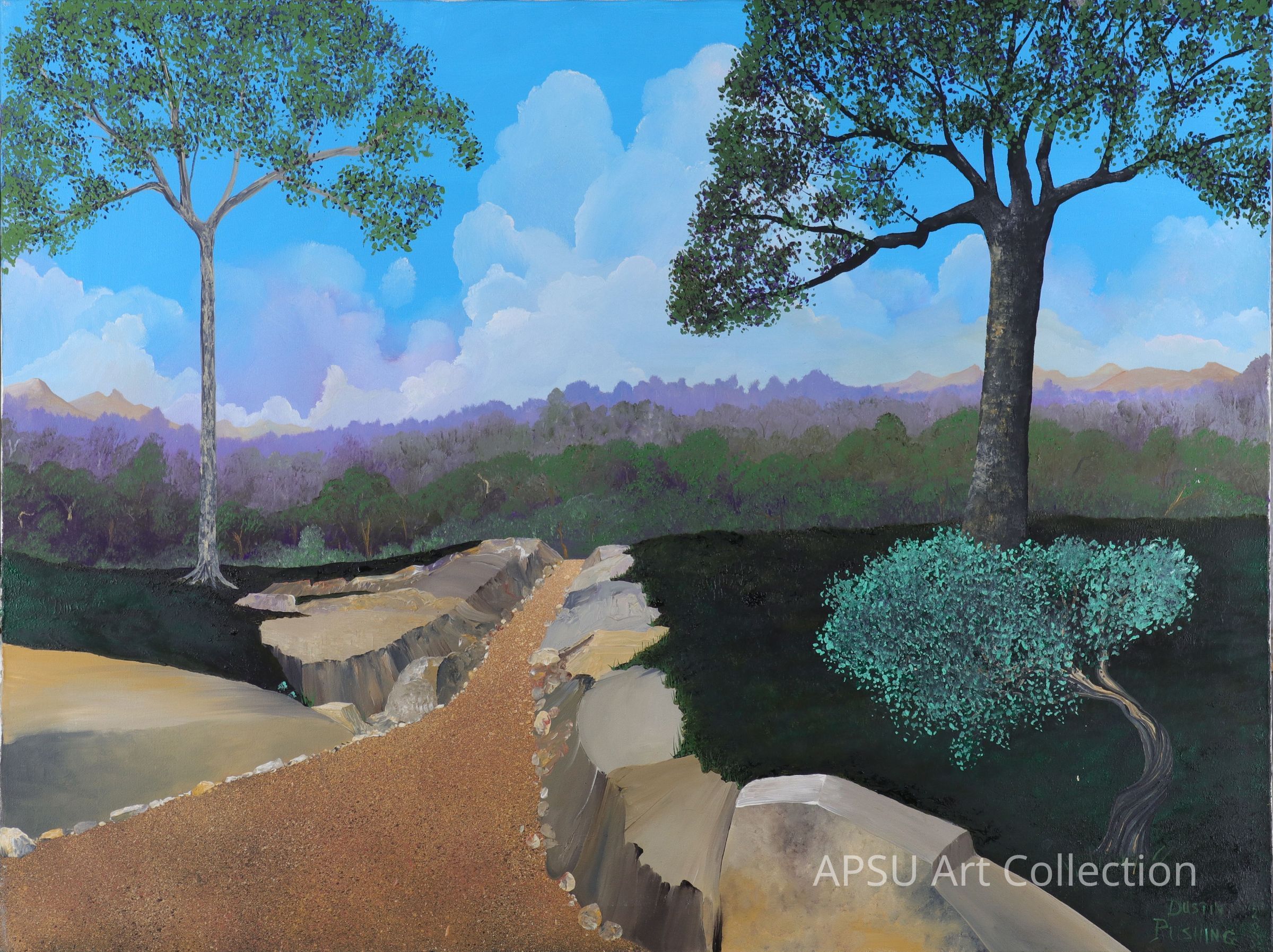 The image showcases a painting displayed on an easel in a softly lit gallery setting, depicting a serene natural landscape with a winding path, flanked by two prominent trees with lush foliage on either side, set against a backdrop of rolling hills and a sky filled with billowing clouds, which transitions from bright white to gentle hues of blue, creating a calming contrast that draws the viewer into a peaceful, almost dreamlike outdoor scene, inviting contemplation and a sense of connection to nature's tranquil beauty.
