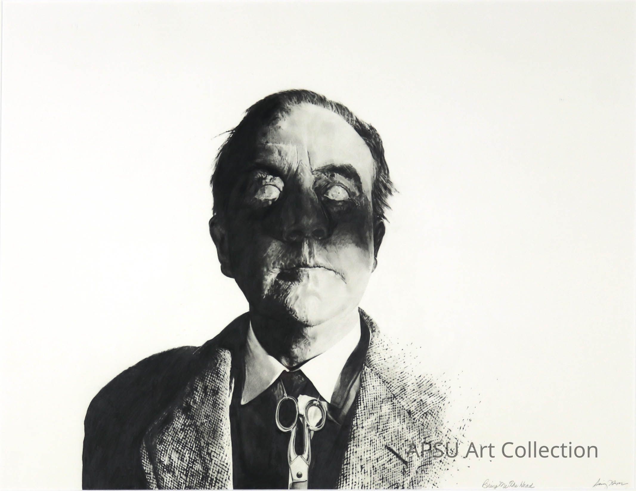 The image showcases a monochromatic and abstract portrait of a man in a suit and tie, rendered in black and white. His face, partially obscured in shadow, displays a haunting expression, with the eyes appearing hollow, almost ghostly. The artistic style uses a combination of bold, dark areas and lighter shades to create a stark contrast, emphasizing the dramatic and mysterious atmosphere. The suit, detailed with fine lines, adds texture to the piece, while the background is left blank.