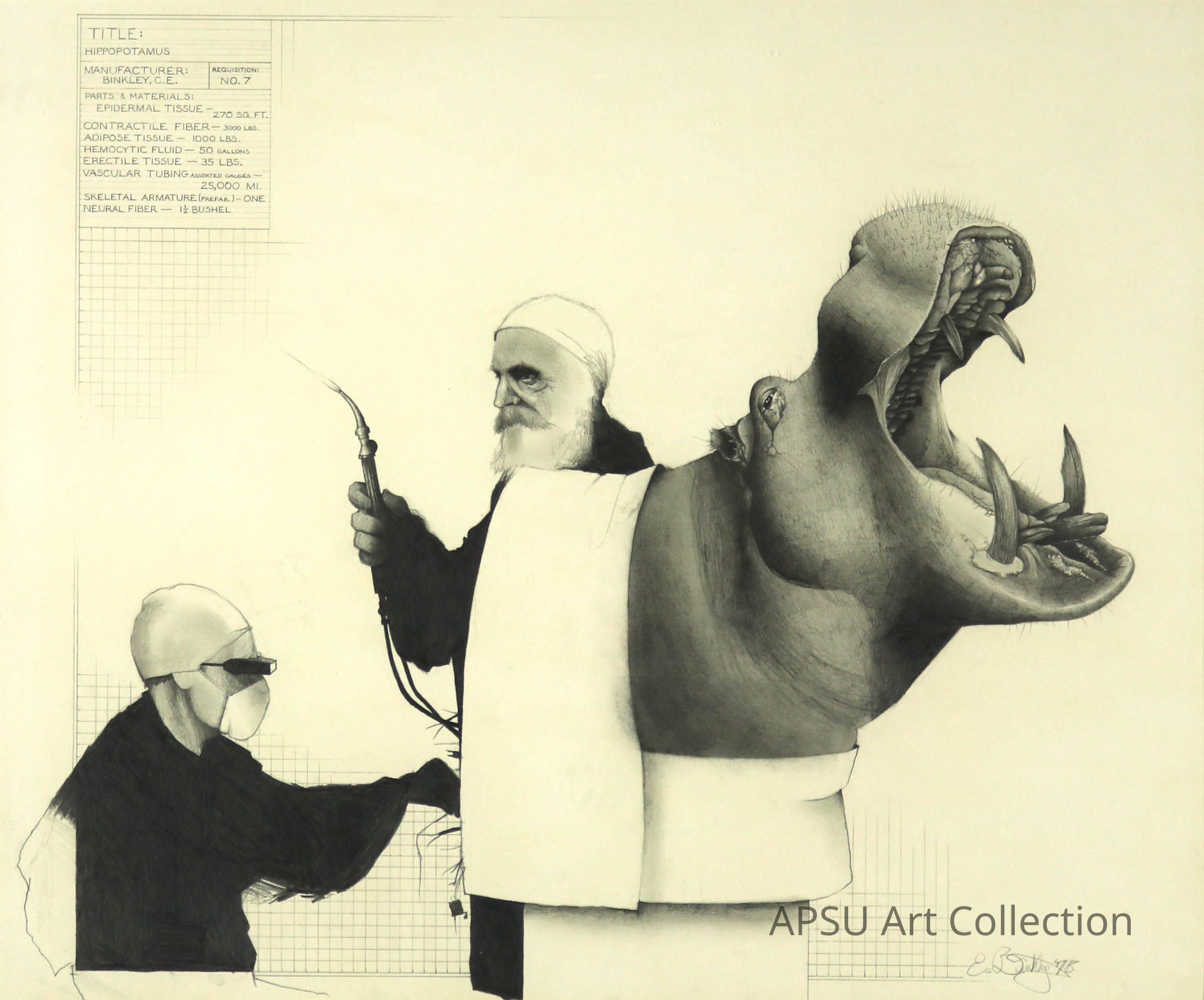 In the image, two figures, appearing as surgeons, are interacting with a large, open-mouthed hippo. The man on the right holds an instrument, perhaps to perform a procedure, dressed in a white gown and cap, displaying a serious demeanor. The other figure, portrayed in dark attire and protective eyewear, seems to be assisting, focused on a task. The artwork is detailed with technical annotations, resembling a scientific diagram, possibly illustrating biological components with descriptions in the top left section.