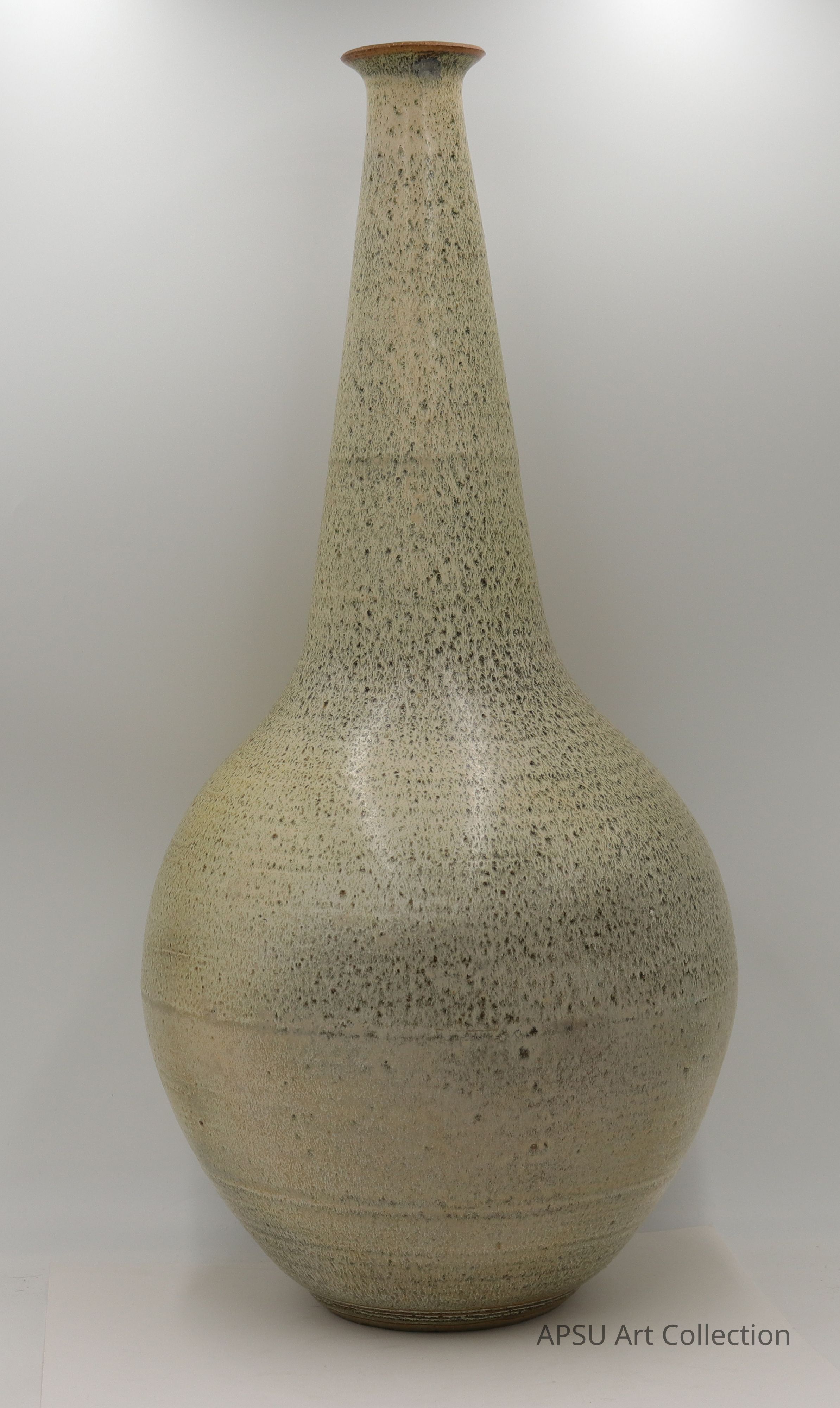 The image depicts a tall, elegantly designed ceramic vase with a slender, elongated neck that gradually widens into a full, rounded body, showcasing a textured, speckled surface in various earthy tones of grey and beige; its surface appears to have a natural, tactile quality that complements the sophisticated simplicity of its form, making it reminiscent of traditional pottery while maintaining a modern aesthetic, ideal for both practical use and decorative purposes in a contemporary interior setting, where its understated elegance can enrich the visual harmony and balance.