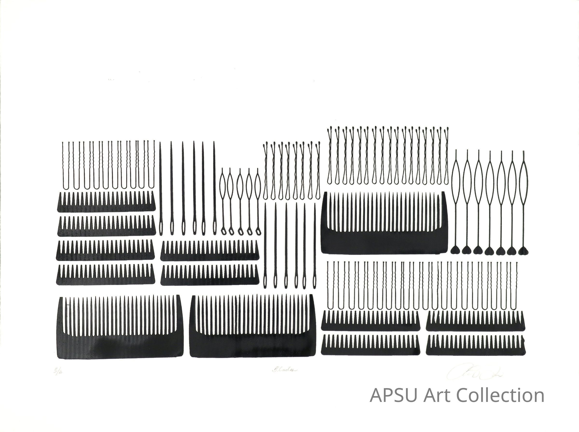 The image showcases a striking collection of black shapes resembling cutlery such as forks, knives and spoons, alongside shapes resembling combs, arranged in neat, orderly rows against a stark white background. Each set of utensils and combs features distinct variations in tine length, handle design, and pattern, creating an eye-catching visual rhythm and an exploration of forms and functionalities. The artwork is signed and numbered, suggesting it is part of a limited series, emphasizing its uniqueness and artistic intent.