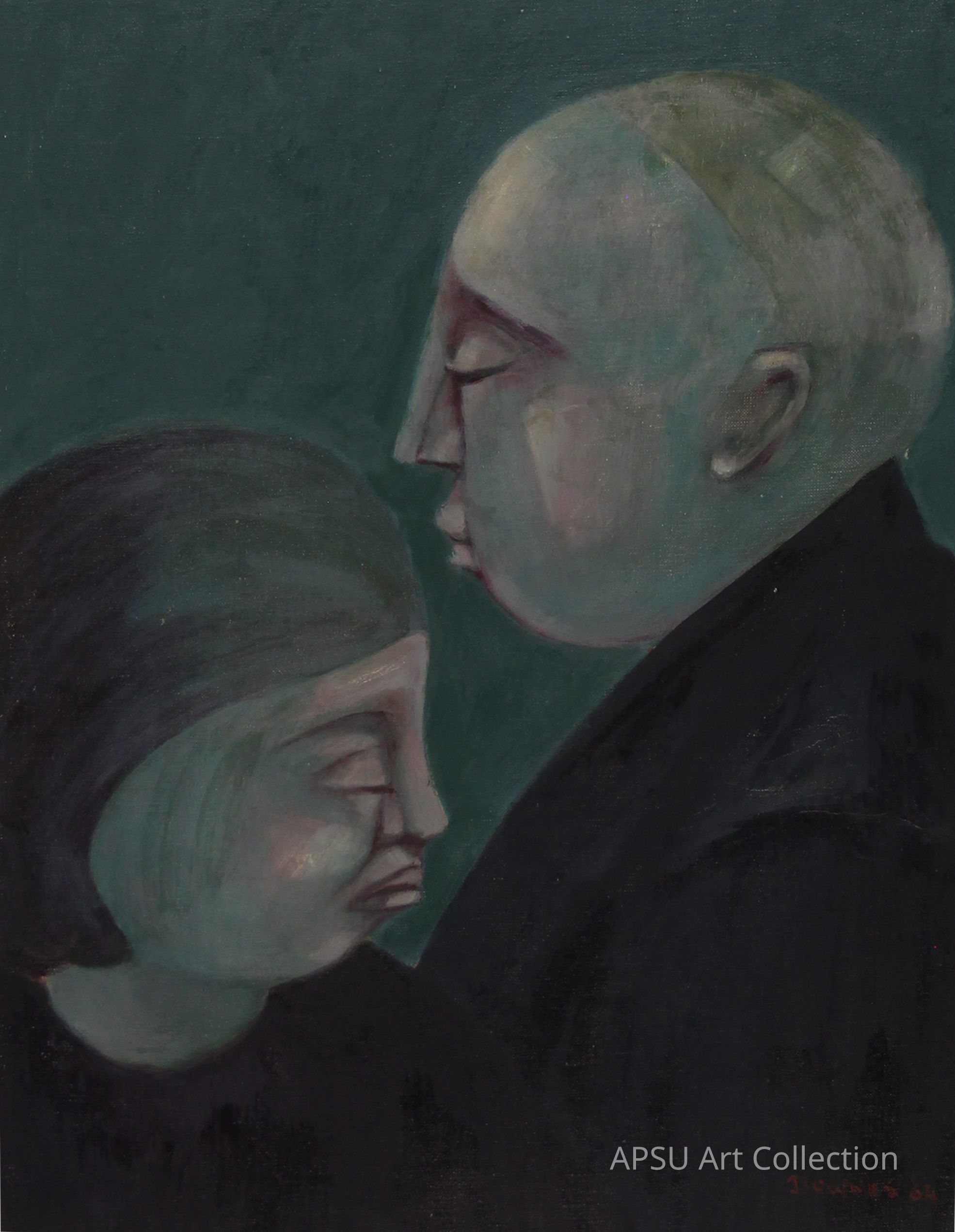 The painting depicts two abstract, expressionist figures with closed eyes, occupying the center of the composition against a deep green background; the larger figure on the right is bald and appears to be facing the left side of the canvas, while the smaller figure on the left, wearing a cap or head covering, looks slightly downward; both figures are rendered in muted, cool tones of green and gray, with soft brushwork that emphasizes the serene and introspective atmosphere of the artwork.
