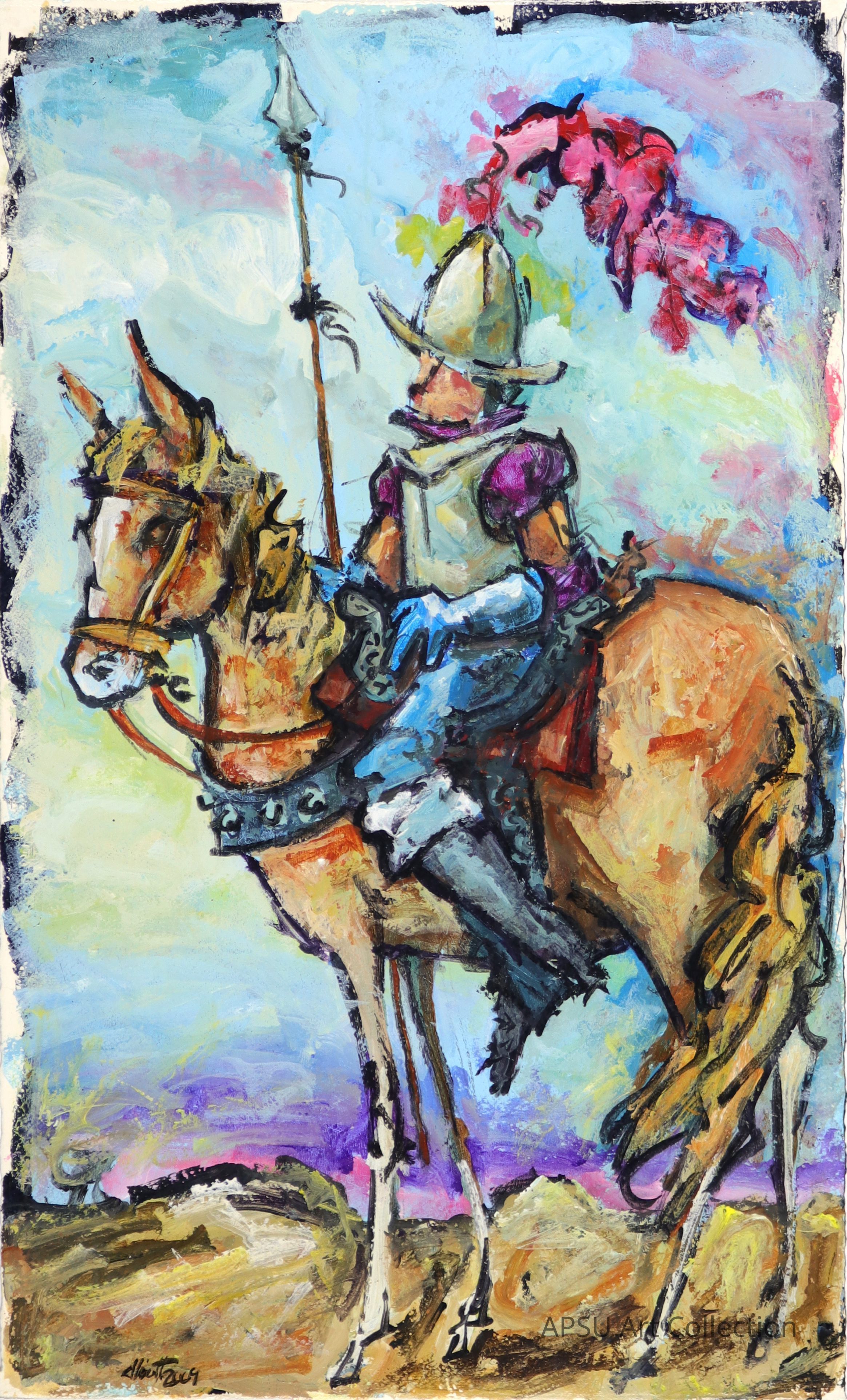 The painting depicts a knight in full armor astride a horse, holding a lance with a vibrant red plume atop his helmet, gazing into the distance against a backdrop of a vivid, colorful sky blending shades of blue, pink, and purple. The horse is sturdy and richly detailed with expressive brushwork, and the knight's armor gleams with hints of purple accents.