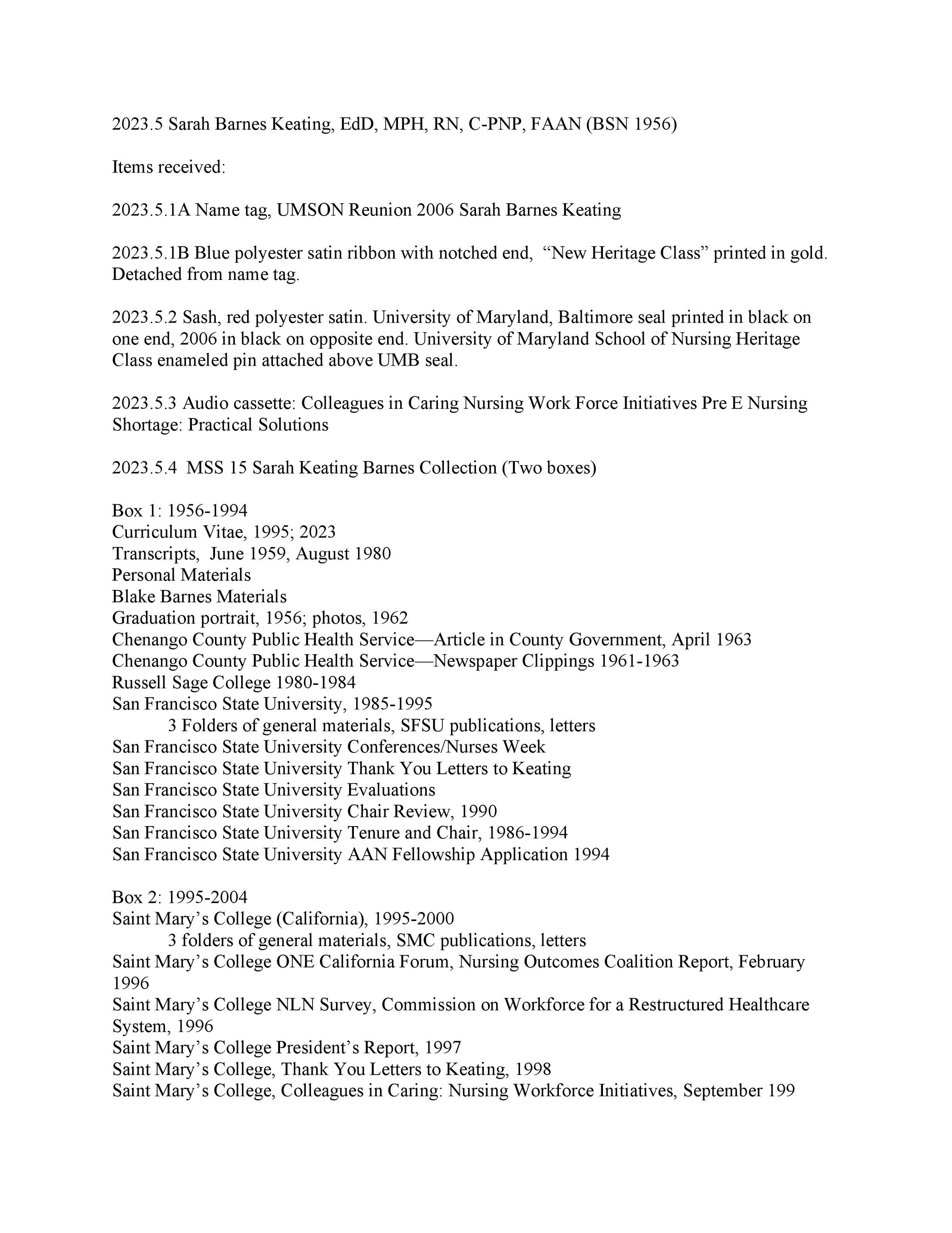 Folder List, MSS 15 Sarah Barnes Keating Collection