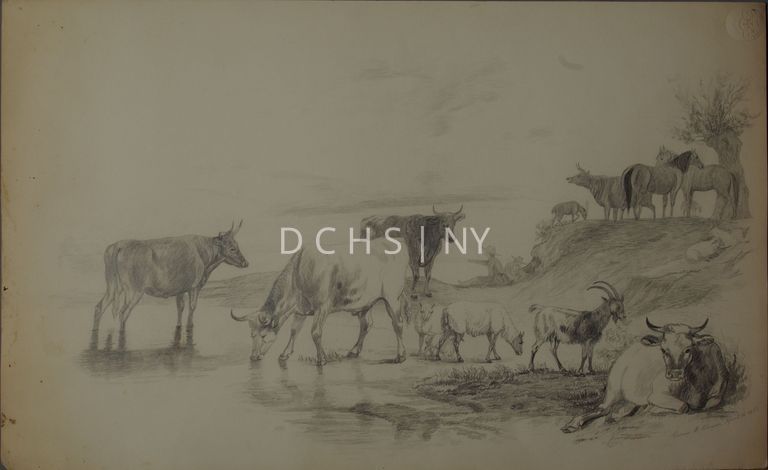 Untitled (Untitled Sketch) — View of a body of water with a variety of animals and people. In the foreground, on the left, there is the body of water, and on the right there is the grassy bank with a cow that reclines in the lower right corner, facing the viewer. Behind this cow is a goat that stands in profile facing the right. In the middle ground, the water continues back on the left side, with two more cows standing within it. The cow on the left stands in profile facing the right, while the one to its right stands facing the left, with its head down to drink from the water. To the right of this cow are two sheep, with the leftmost one facing toward the viewer, and the right one facing the right to graze. In the background there are indications of the banks, as well as more water. In the middle is another cow which stands facing the right, and two human figures that sit on the bank underneath an overhang. They both wear hats, and the one on the left points out toward the left. On the right above these figures is a slight elevation that slopes down toward the center of the composition. On the top of this elevation are more animals, including a small goat, a cow that appears to bellow with its mouth open, facing the left, and two horses. The rightmost edge is made up of a tree and three sheep that recline on the lower part of the elevation. The sky is indicated by light shading marks. In the lower right corner the drawing is signed "Carrie M. Clowes, April 15 1853, Poughkeepsie (?)"