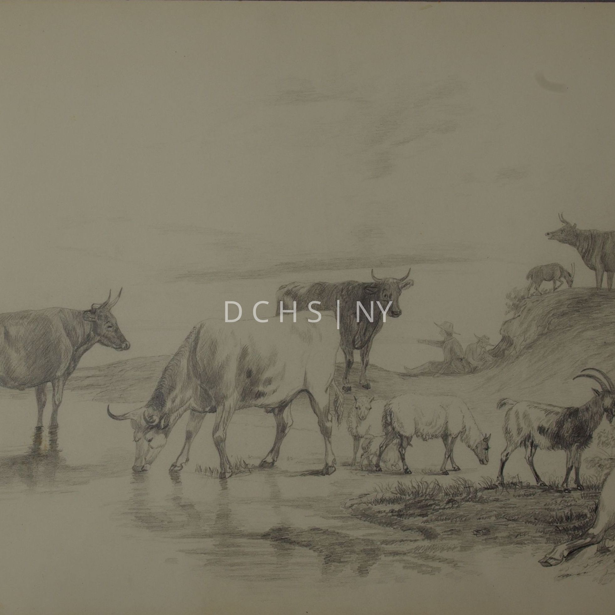 Untitled (Untitled Sketch): View of a body of water with a variety of animals and people. In the foreground, on the left, there is the body of water, and on the right there is the grassy bank with a cow that reclines in the lower right corner, facing the viewer. Behind this cow is a goat that stands in profile facing the right. In the middle ground, the water continues back on the left side, with two more cows standing within it. The cow on the left stands in profile facing the right, while the one to its right stands facing the left, with its head down to drink from the water. To the right of this cow are two sheep, with the leftmost one facing toward the viewer, and the right one facing the right to graze. In the background there are indications of the banks, as well as more water. In the middle is another cow which stands facing the right, and two human figures that sit on the bank underneath an overhang. They both wear hats, and the one on the left points out toward the left. On the right above these figures is a slight elevation that slopes down toward the center of the composition. On the top of this elevation are more animals, including a small goat, a cow that appears to bellow with its mouth open, facing the left, and two horses. The rightmost edge is made up of a tree and three sheep that recline on the lower part of the elevation. The sky is indicated by light shading marks. In the lower right corner the drawing is signed "Carrie M. Clowes, April 15 1853, Poughkeepsie (?)"