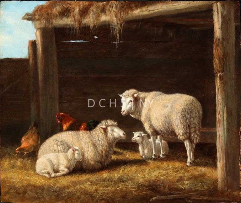 Untitled (Sheep and Chickens) [no date] — View of four sheep and two chickens set inside a barn-like environment. In the foreground is an expanse of hay, and on the right side, there is a wooden pole that is likely a part of the wooden structure that the animals are inside. In the central part of the middle ground are the sheep, with the two on the left, one an adult and the other a lamb, reclining in profile toward the right with their eyes closed. On the right are two more sheep, again an adult and a lamb. The adult stands angled slightly away from the viewer toward the right, with its head angled slightly toward the viewer. The lamb at its feet also faces right, yet reclines on the ground. To the left of the sheep, and slightly behind them, are two chickens. The leftmost chicken is angled toward the ground to peck. The chicken to the right is mostly obscured by the reclining sheep, yet is facing to the left in profile. This chicken may be a rooster. In the background are a trough, the wooden slats of the structure, and hay that makes up the roof.