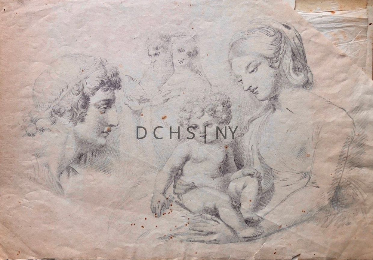 Untitled (Figure Sketches: Sketches of five figures. On the left is a profile view of right facing head in what appears to be "Neoclassical" style with curly hair and head band. No further body beside neck. To the right in the foreground is a woman holding a child in her arms, facing to the left, looking down at the child. She wears a dress that is wrapped/draped. In the background are two figures next to each other, a young woman and an older man. The woman is closer to the foreground in front of the man, faces the viewer, yet looks away with her head titled to the right. The man holds a book, looking down at it.