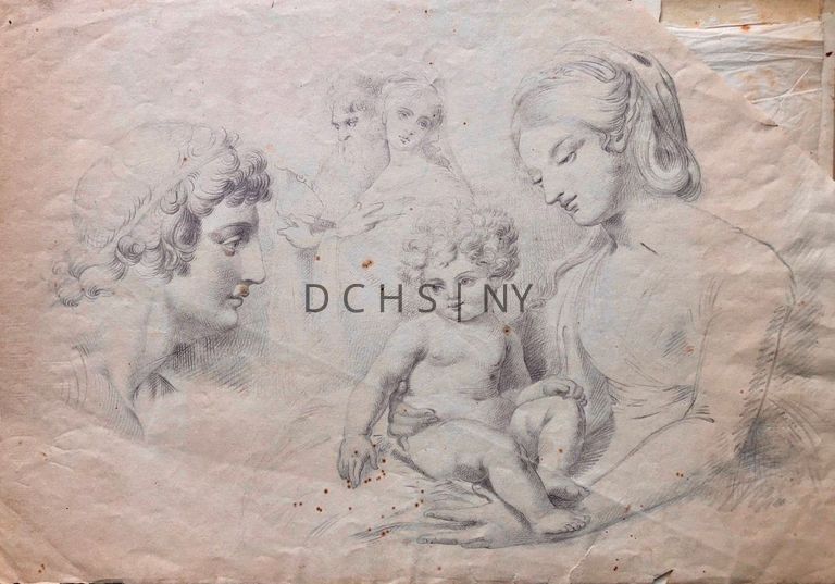 Untitled (Figure Sketches — Sketches of five figures. On the left is a profile view of right facing head in what appears to be "Neoclassical" style with curly hair and head band. No further body beside neck. To the right in the foreground is a woman holding a child in her arms, facing to the left, looking down at the child. She wears a dress that is wrapped/draped. In the background are two figures next to each other, a young woman and an older man. The woman is closer to the foreground in front of the man, faces the viewer, yet looks away with her head titled to the right. The man holds a book, looking down at it.