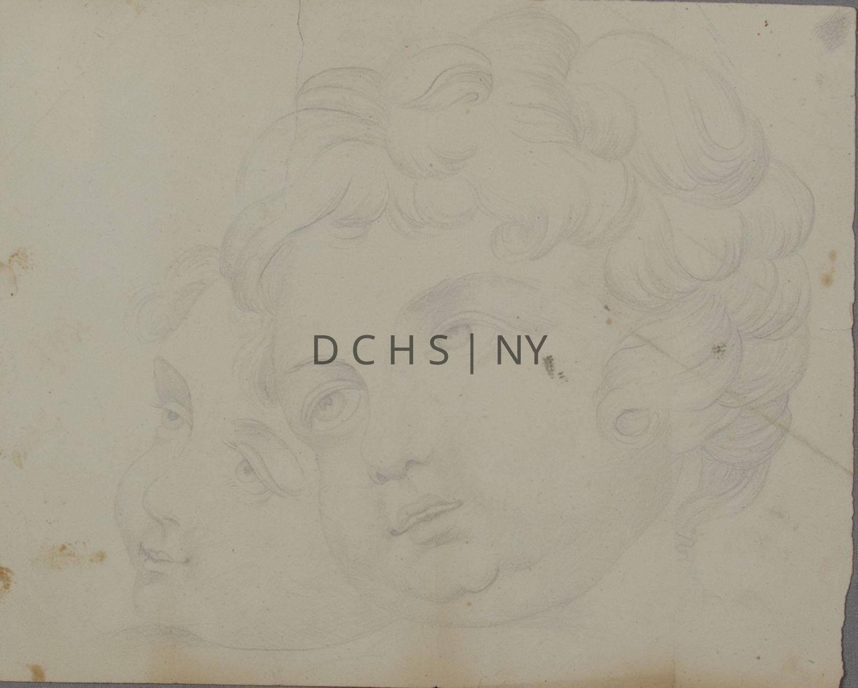 Untitled (Two Young Boys): Portrait of two young boys with curly hair and unfinished necks. The head in front is angled toward the left with the boy's eyes directed upwards to the left, away from the viewer. The head behind the frontal one also faces to the left, with it angled more in profile, and again, with its eyes facing the left. Both figures are unfinished in the neck, with very few lines indicating that feature. The style of the figures are much less shaded than other Clowes sketches, with less shadows and detail, here the shading is restrained, very light and soft.