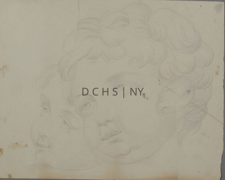 Untitled (Two Young Boys) — Portrait of two young boys with curly hair and unfinished necks. The head in front is angled toward the left with the boy's eyes directed upwards to the left, away from the viewer. The head behind the frontal one also faces to the left, with it angled more in profile, and again, with its eyes facing the left. Both figures are unfinished in the neck, with very few lines indicating that feature. The style of the figures are much less shaded than other Clowes sketches, with less shadows and detail, here the shading is restrained, very light and soft.