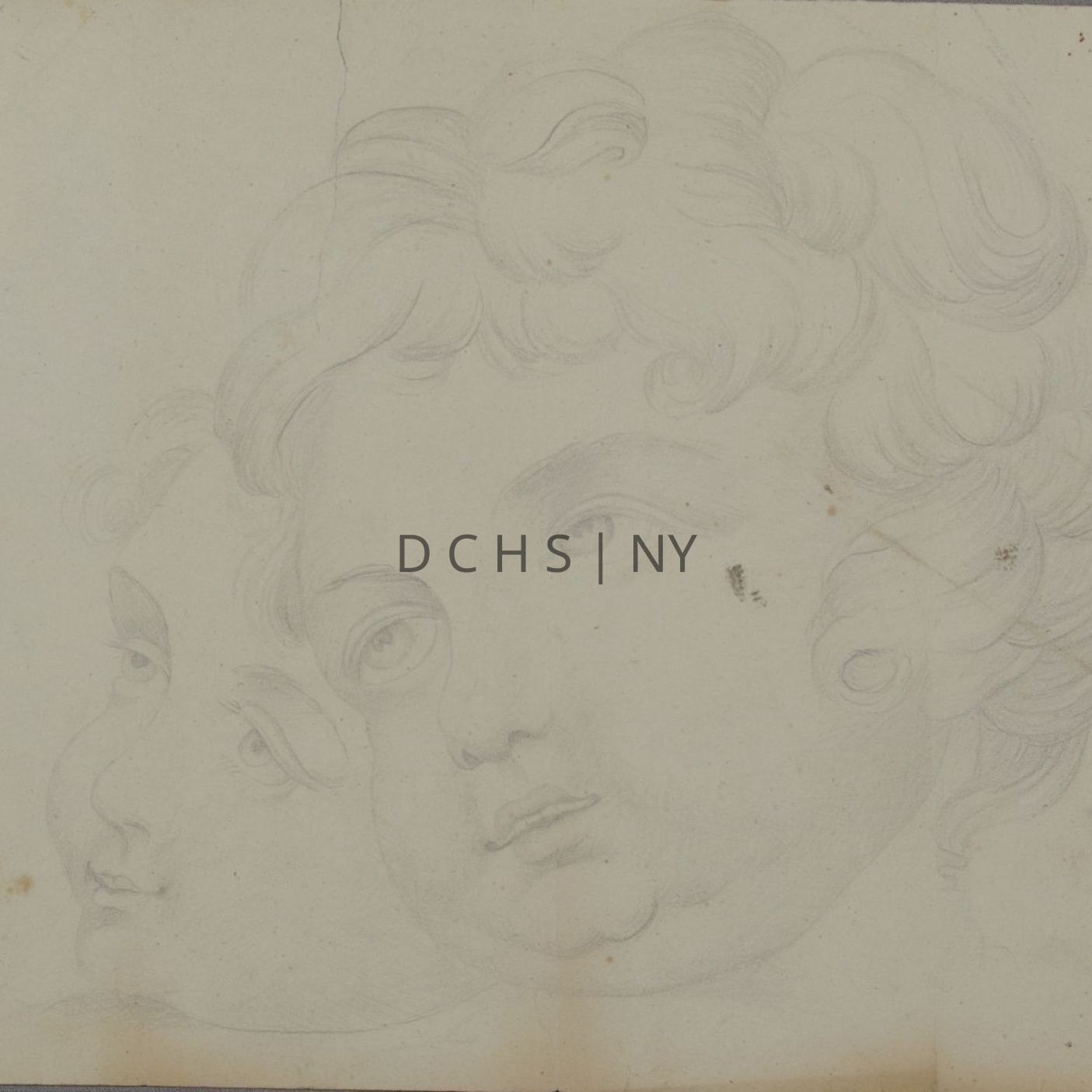 Untitled (Two Young Boys): Portrait of two young boys with curly hair and unfinished necks. The head in front is angled toward the left with the boy's eyes directed upwards to the left, away from the viewer. The head behind the frontal one also faces to the left, with it angled more in profile, and again, with its eyes facing the left. Both figures are unfinished in the neck, with very few lines indicating that feature. The style of the figures are much less shaded than other Clowes sketches, with less shadows and detail, here the shading is restrained, very light and soft.