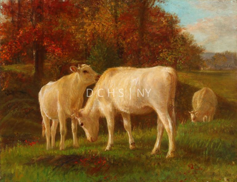 Untitled (Three White Cows) [no date] — View of an autumn landscape with three white cows. In the foreground are grasses, a section of a flat stone, and small red flowering plants. In the center of the middle ground are two white cows. The one on the left stands angled toward the viewer toward the right. To the right, the other cow stands facing toward the left in profile, with its head lowered to graze. Behind this white cow, in the slight distance, is another white cow, whose body faces the viewer while its head is angled lower toward the left. The two central white cows stand on what appears to be the top of a hill/incline. On the other side of this incline is another hill with trees with reddish orange leaves. To the right is a section of grass. In the furthest background on the right are more trees on a hill, and the suggestion of mountains. The sky is relegated to the upper right corner, with blue and white clouds.