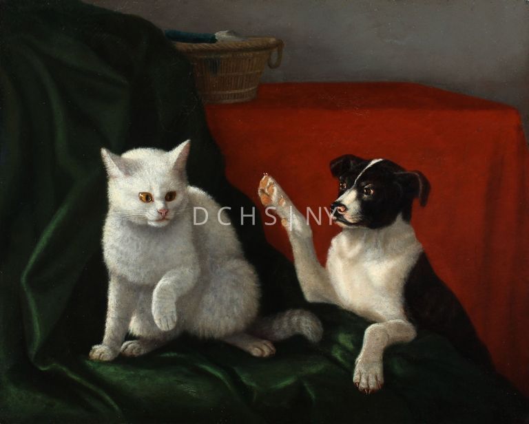 The Challenge, Dick and Bingo [1859] — View of a cat and a dog set in a domestic interior. On the left side of the composition is a piece of furniture covered in a velvet-like, dark green fabric, potentially a chair. On this furniture sits a white cat, whose body is angled slightly toward the viewer. Its ears are back (in annoyance) and its front paw is lifted. To the right in the foreground is a black and white dog, who faces toward the left toward the cat. One of its front paws is lifted at the cat, while is other is hooked on to the furniture. In the background, behind the dog, is a table covered by a red cloth. Placed on this table is a basket filled with what appears to be more fabric. The two halves of color creates a division between the side of the composition with the dog, and that of the cat.