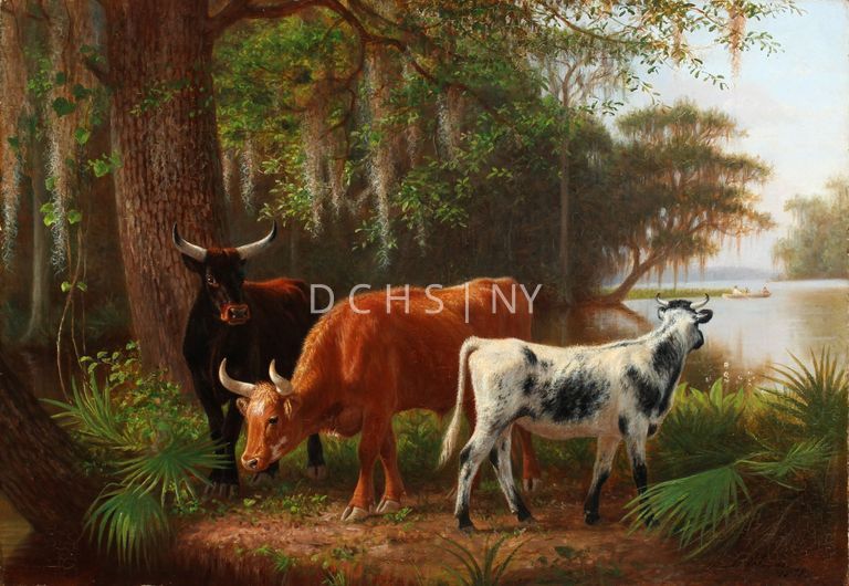 Three Cows at the Mouth of Deep Creek, Florida [After 1867] — View of a landscape with three central cows, trees, and a body of water. In the foreground, at the center, is a section of dirt/leaf litter framed by fan-shaped vegetation, and tree trunks. In the center of the middle ground are three standing cows. On the left is a dark colored cow that stands slightly angled toward the viewer, with its head facing the viewer. On its right in the center is a reddish orange cow who stands in profile with its head lowered slightly toward the ground. To the right of this central cow is a smaller black and white spotted cow who also stands in profile, facing the right, with its head facing away from the viewer. To the left of the leftmost cow is a large tree trunk, with branches that extend toward the right with leaves, and moss that hands downwards. In the background, on the left are more trees, and on the right a section of water. Far into the background of this water is a boat with two (possibly three) human figures sitting within it. To the right are more trees, and furthest into the background is another section of land, potentially a large hill.