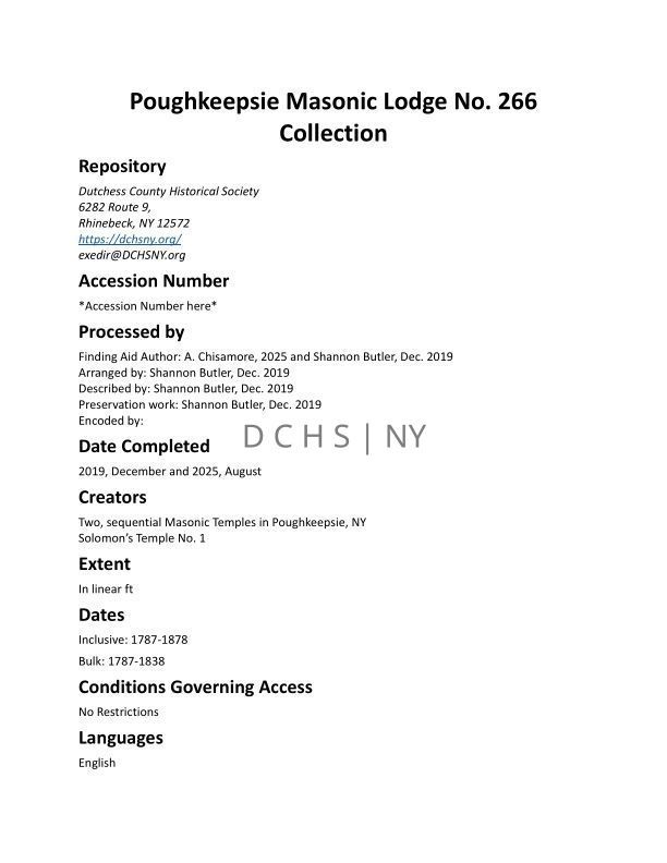 MASONIC LODGE: Poughkeepsie Masonic Lodge No. 266 Collection