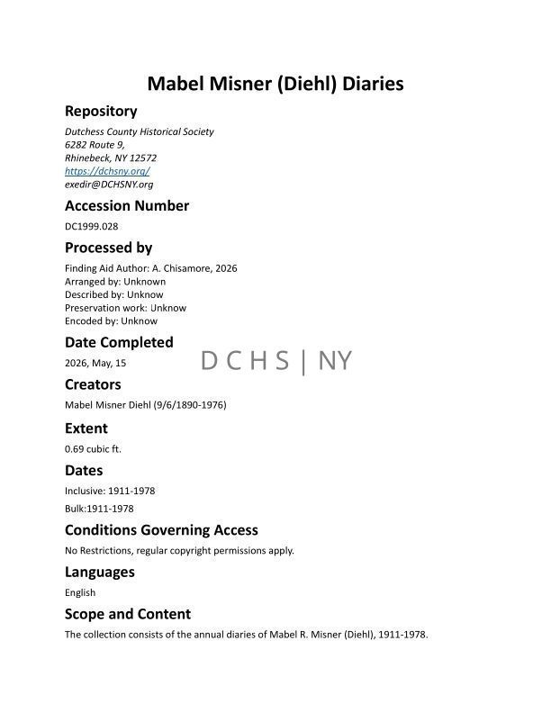 MISNER: Mabel Misner (Diehl) Diaries