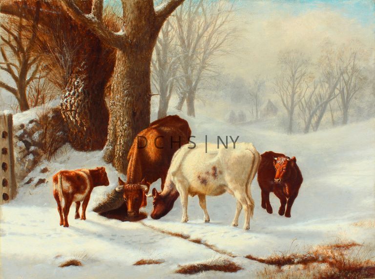Untitled (Winter Cows) [no date] — View of a winter landscape with four cows, trees, and a distant building. In the foreground, on the right, is a small section of brown grass, presumably a small creek, in the lower right corner. A small line of brown extends diagonally toward the left section of the middle ground to a hole with water. On the left of the foreground are a few smalls sections of grass, but mostly snow. In the center of the middle ground are the four cows, which gather around the small hole of water. On the left is a small white and red calf that stands away from the viewer. To the right is a large brownish red cow that stands angled slightly toward the viewer, with its head lowered to drink. To the right of this cow is another white and red cow, whose body is in profile slightly away from the viewer, with its head also lowered to drink. to the right of this cow is another smaller cow, which is red. This cow stands facing the viewer with its head turned slightly toward the left. To the left of these cows is a stone fence with a wooden post. Leading away from this fence (entrance) are small hoof tracks from the cows at the center of the composition. Also on the left, behind the cows are two large tree trunks. On the right is a large expanse of snow, with slight hills. On both the left and right sides of the hills on the right side of the composition are more bare trees. At the center, furthest in the back are what appear to be a few buildings or houses. The sky, with its blue and white blends into the snow on the ground.