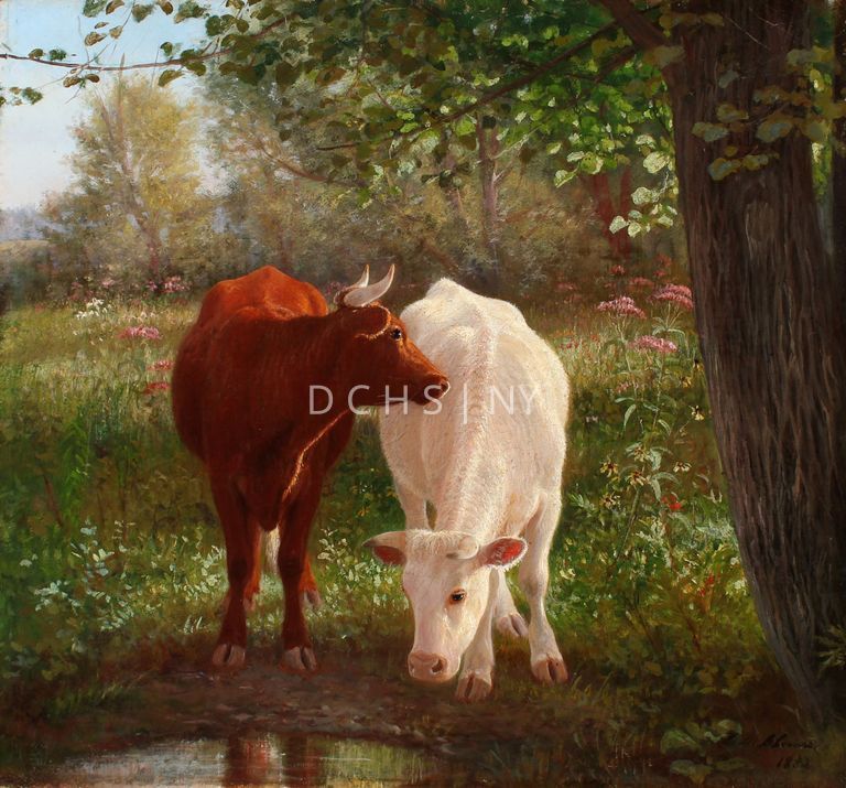 Two Cows at The Wappinger Creek [1882] — View of two cows set in a landscape with a small creek, a grassy field, and trees. In the foreground of the composition is a small creek that one of the two cows leans down to drink from. On the right side of the foreground is a large tree trunk. In the center of the middle ground are the two cows. The cow on the left is a reddish brown, and it stands facing the viewer, with its head twisted in profile to the right. The right cow is white, with its body facing toward the viewer, and its head leaning down to drink from the creek. To the right of the white cow is a tall flowering, purple, plant. In the background there are more grasses and flowering plants, and the suggestion of the edge of a forest, with many trees. In the left corner is the blue sky, with no clouds.