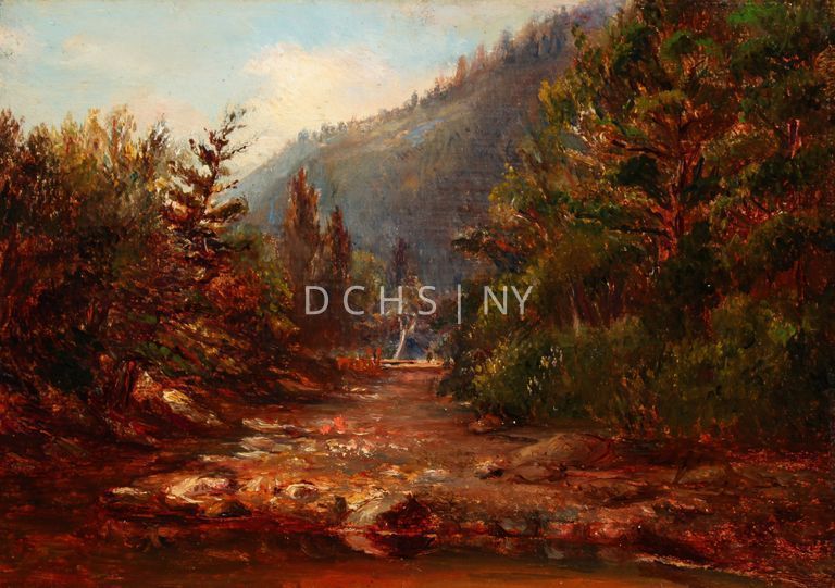 Untitled (Summer Stream) [no date] — View of a landscape with a stream, trees, and the incline of a hill or mountain. The center portion of the composition is composed of a stream or river that extends from the foreground into the background. On either side of the central river are trees and rocks. In the background, starting from the left-center, is a hill or mountain that increases toward the right. This hill has more trees. The sky is relegated to the left corner, and is blue with white clouds. The foreground section of the stream is bordered by a horizontal line of rocks, forming a basin-like section of water in the foreground.