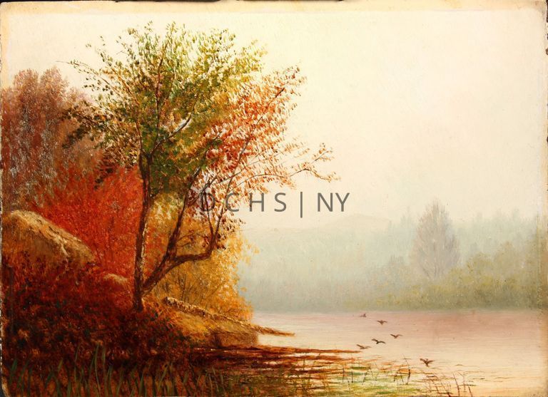 Untitled (Autumn) [no date] — View of an autumn landscape with a river or another body of water, trees, and birds. In the foreground, on the right, is the body of water that extends back on the right side, and six small birds that are in mid flight. On the left side are aquatic plants/reeds that extend over to the right side. In the middle ground, on the left, is the bank of the body of water. There is a large rock that slopes upwards from the water. There is a large tree whose branches extend toward the right over the water, and have green, yellow, and reddish coloring. Behind this tree in the background are more trees, also with red, yellow, and brown coloring. On the right side in the background is the other bank, which is obscured by haze or fog. There are more trees, and the suggestion of further hills or mountains.