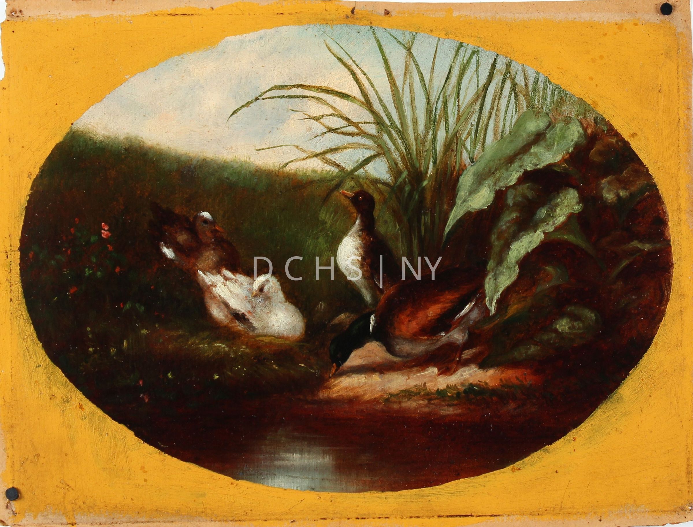 Ducks and Chicken: There are two small paintings that seem to coordinate with this description, one with just chickens, and the other with ducks. Unsure if this name/title fits both of these paintings, or refers to another painting entirely. The painting with the chickens depicts a set of stairs on the left side that descend to a flat area in the center, and what appears to be a barred chicken enclosure with a small opening on the right. The wall on the left has one small chain hanging. On the ground, in the center is one large black chicken and five small chicks that peck at the ground. On the right, a white and black chicken exists the coop or enclosure. On the left, a rooster stands on the stairs, with its body angled toward the ground as well. The painting with the ducks is set outdoors, with a small body of water. In the foreground is this water. On the right is the bank, with two different kinds of vegetation, and two ducks. The duck closer to the viewer faces in profile to the left, with its head lowered to drink. The duck behind also stands in profile, with its head angled upwards. To the left are two more reclining ducks, and another piece of flowering vegetation. In the background there is a rise of the ground, potentially a hill. Behind this is the blue and white sky.