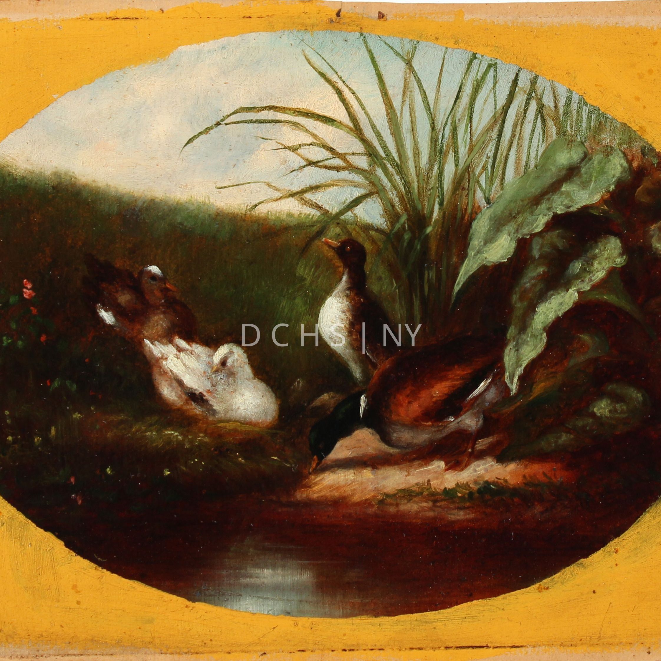 Ducks and Chicken: There are two small paintings that seem to coordinate with this description, one with just chickens, and the other with ducks. Unsure if this name/title fits both of these paintings, or refers to another painting entirely. The painting with the chickens depicts a set of stairs on the left side that descend to a flat area in the center, and what appears to be a barred chicken enclosure with a small opening on the right. The wall on the left has one small chain hanging. On the ground, in the center is one large black chicken and five small chicks that peck at the ground. On the right, a white and black chicken exists the coop or enclosure. On the left, a rooster stands on the stairs, with its body angled toward the ground as well. The painting with the ducks is set outdoors, with a small body of water. In the foreground is this water. On the right is the bank, with two different kinds of vegetation, and two ducks. The duck closer to the viewer faces in profile to the left, with its head lowered to drink. The duck behind also stands in profile, with its head angled upwards. To the left are two more reclining ducks, and another piece of flowering vegetation. In the background there is a rise of the ground, potentially a hill. Behind this is the blue and white sky.