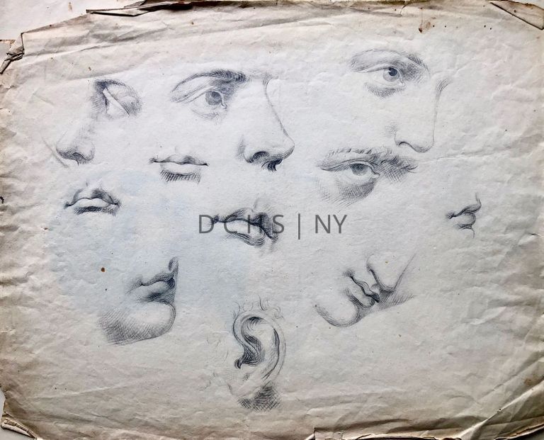 Untitled (Study of Facial Features) — Studies of different facial features from different angles. Three sketches of upper facial features of eyes and nose together, and two of the lower nose and mouth. Four studies of only the mouth, and one of a singular ear.
