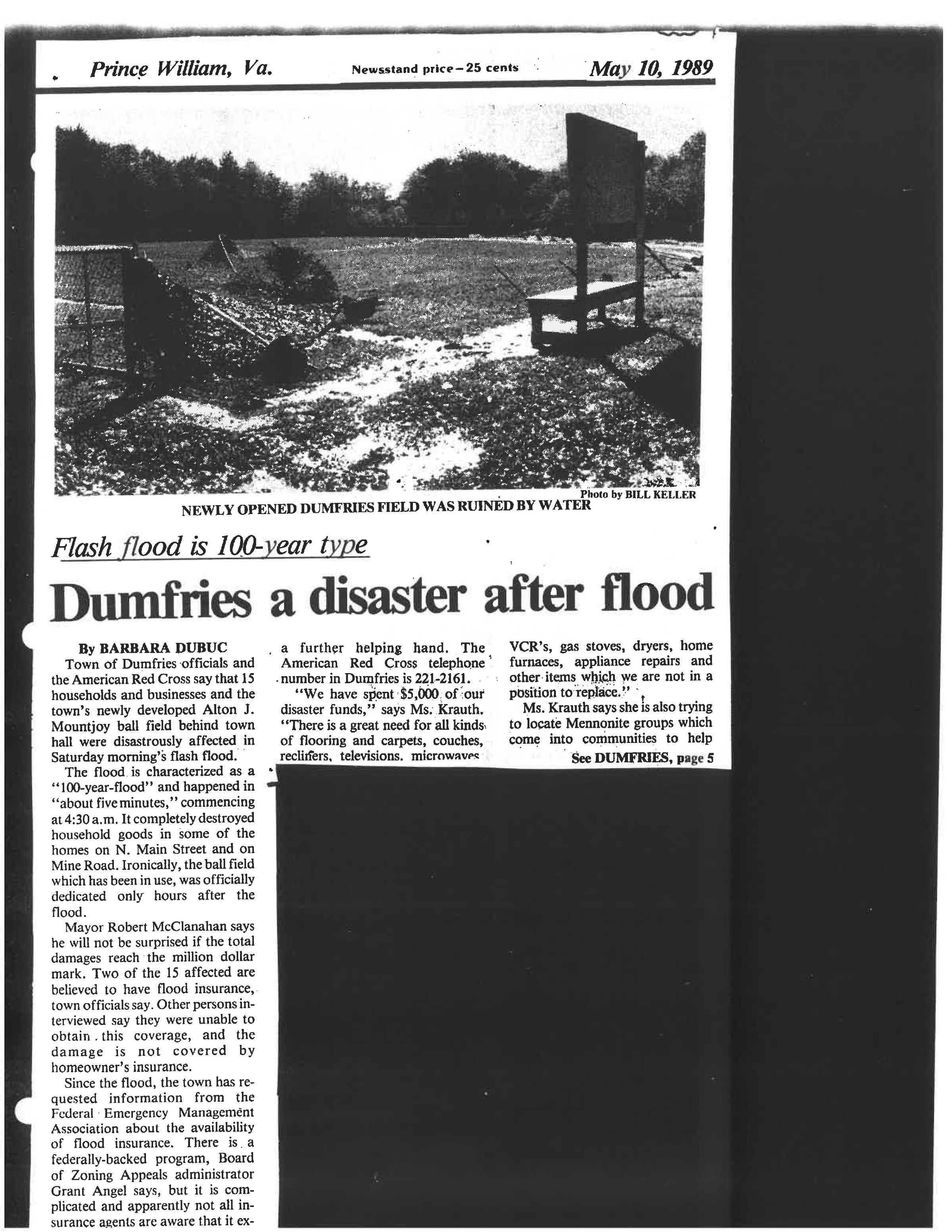 Photo by Bill Keller: First page picture: NEWLY OPENED DUMFRIES FIELD WAS RUINED BY WATER
Second page picture: POSTS WERE WASHED AWAY AT BALLFIELD DURING FLOOD