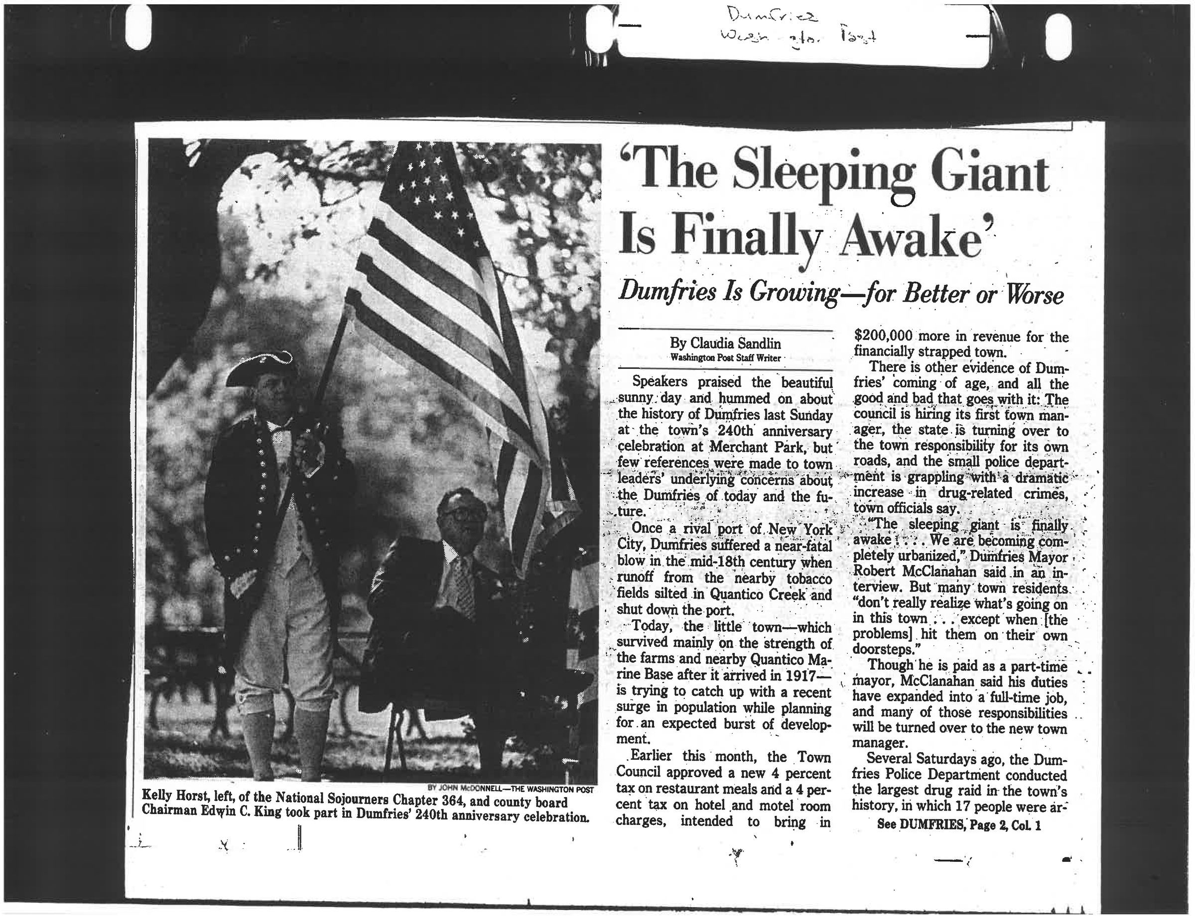 Kelly Horst, left, of the National Sojourners Chapter 364, and county board Chairman Edwin C. King took part in Dumfries' 240th anniversary celebration.