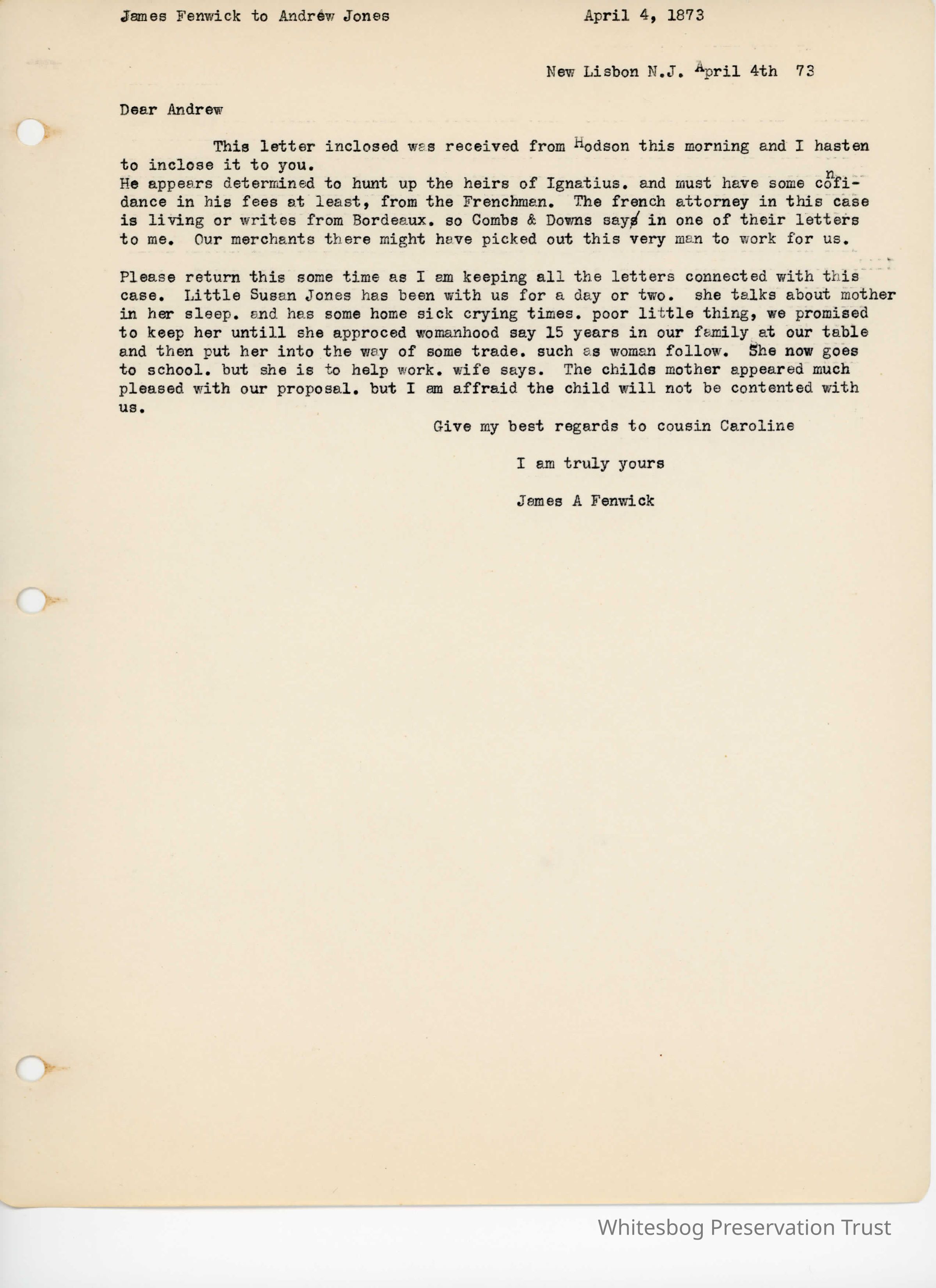 James Fenwick to Andrew Jones - April 4, 1873 picture number 1