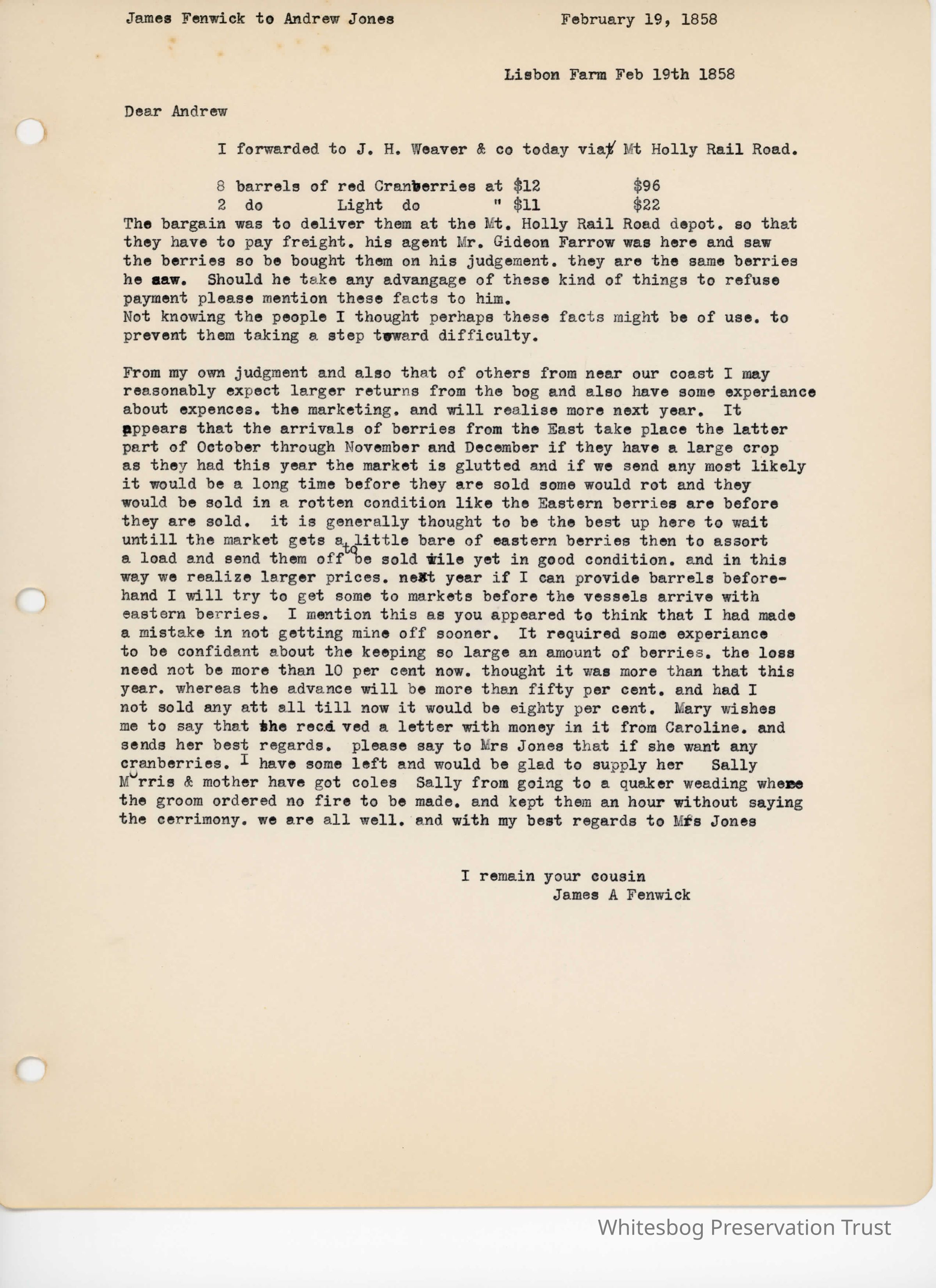 James Fenwick to Andrew Jones - February 19, 1858 picture number 1