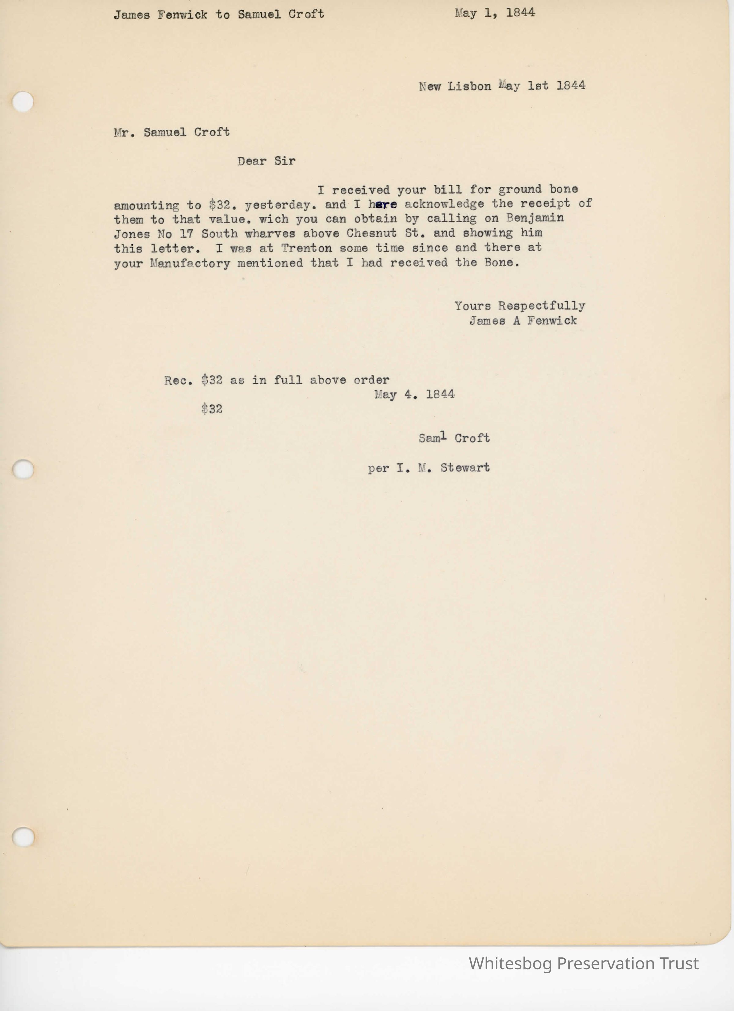          James Fenwick to Samuel Croft - May 1, 1844 picture number 1
   