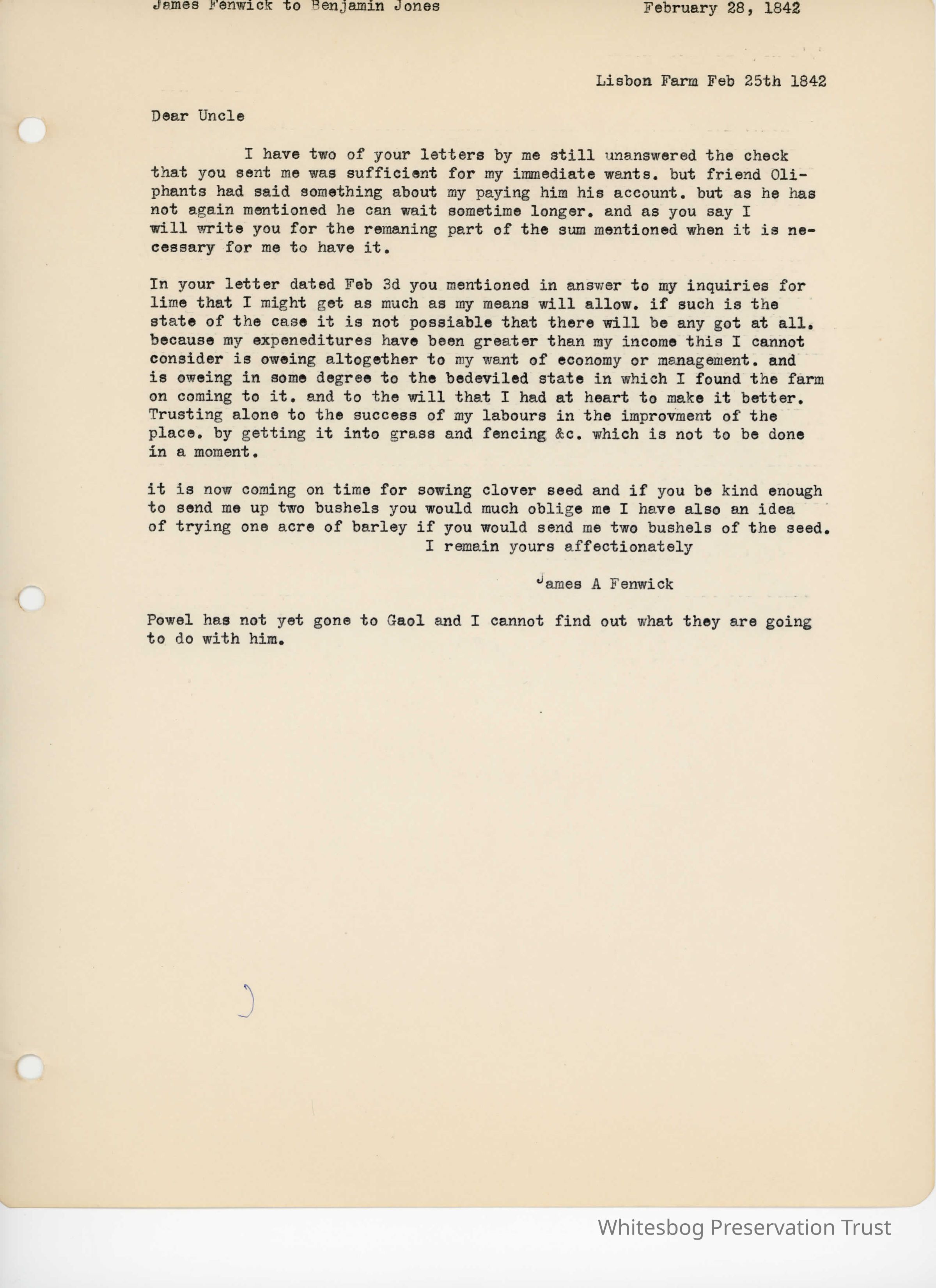 James Fenwick to Benjamin Jones - February 25, 1842 picture number 1