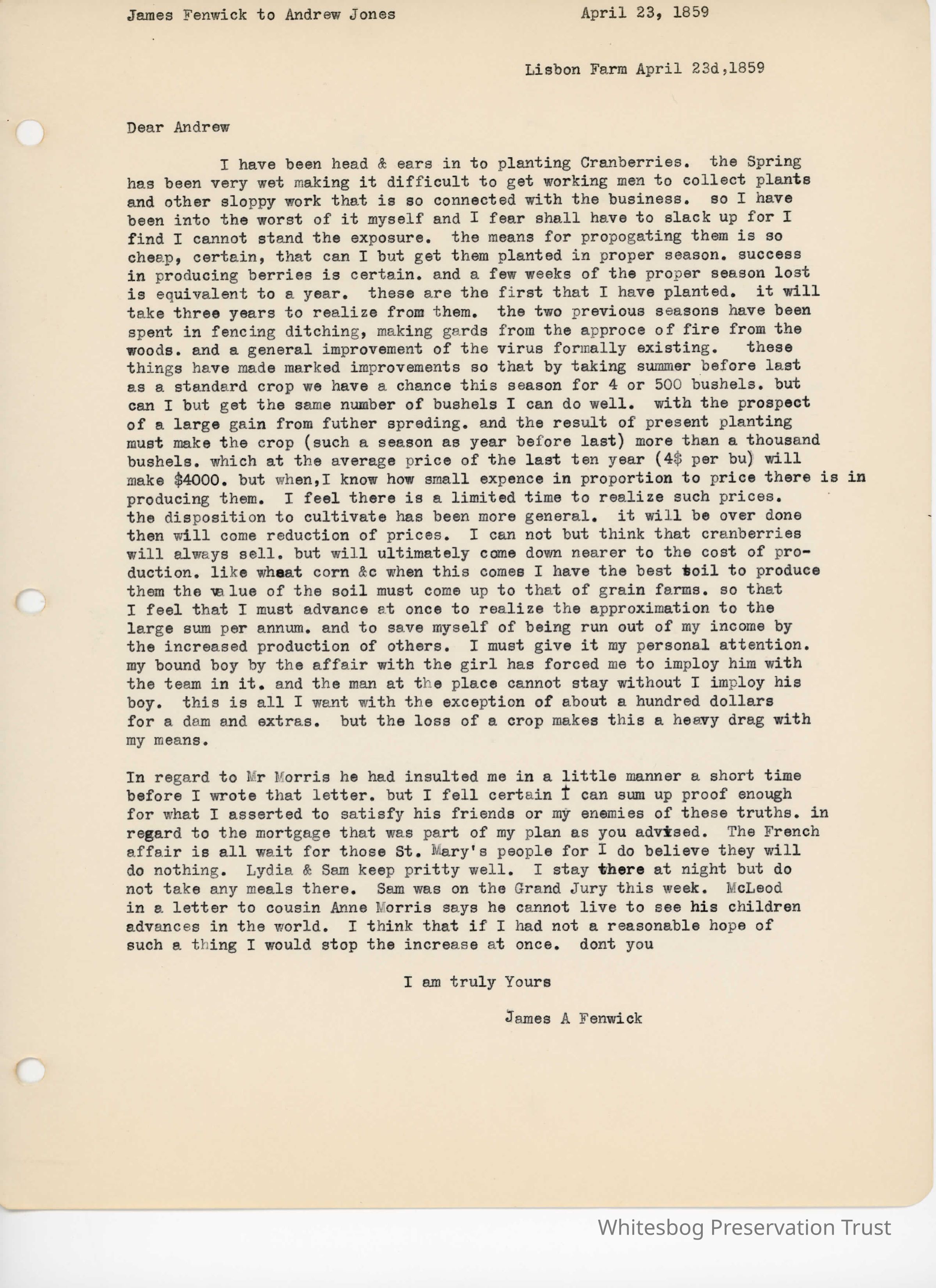 James Fenwick to Andrew Jones - April 23, 1859 picture number 1