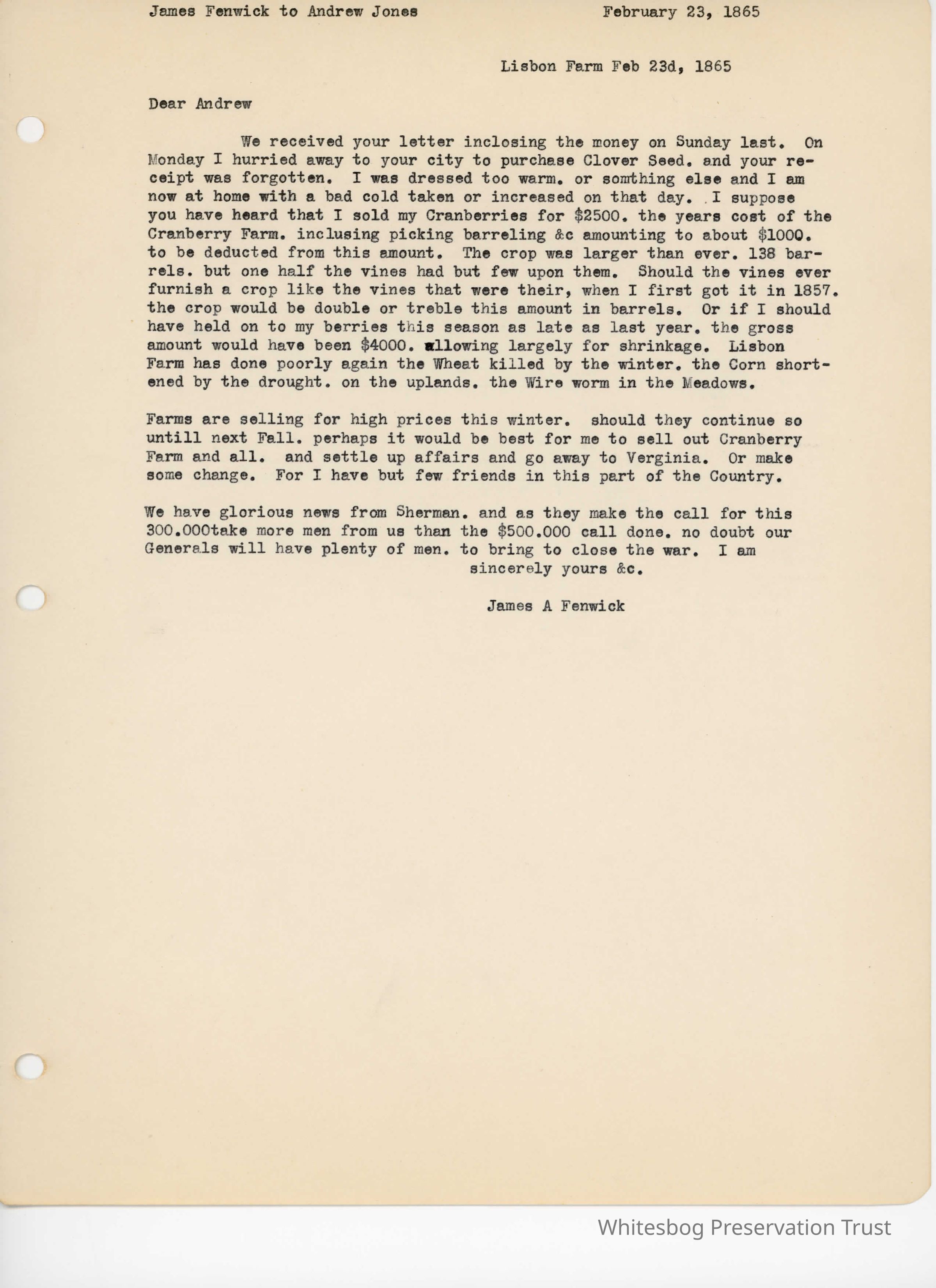 James Fenwick to Andrew Jones - February 23, 1865 picture number 1