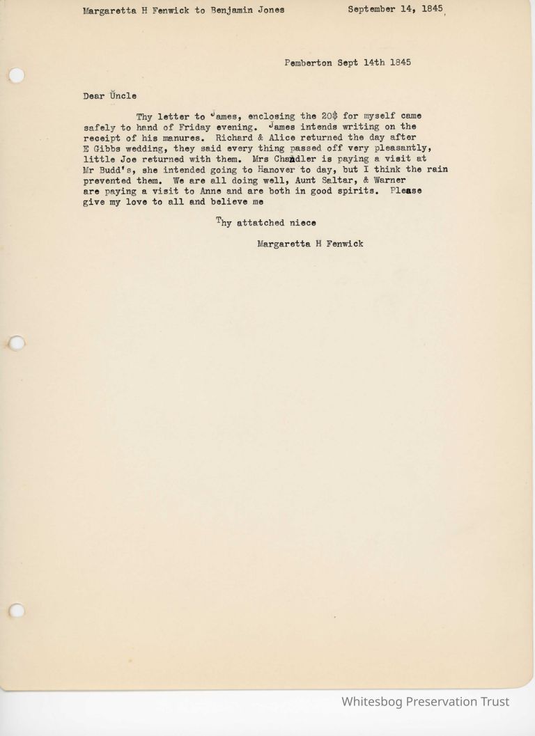          Margaretta Fenwick to Benjamin Jones - September 14, 1845 picture number 1
   