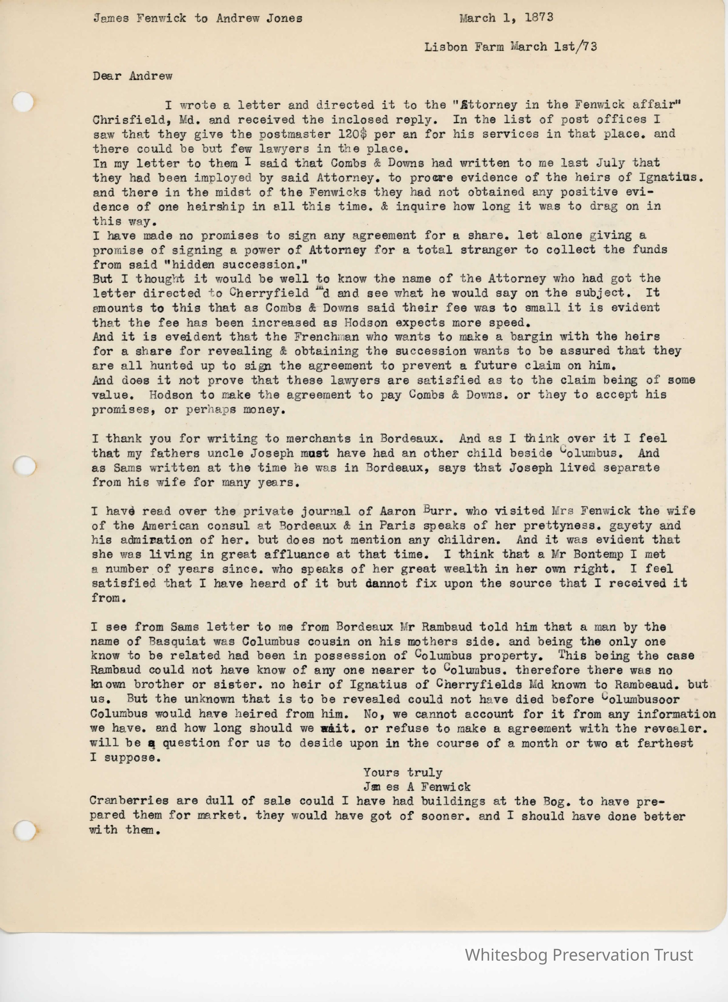 James Fenwick to Andrew Jones - March 1, 1873 picture number 1