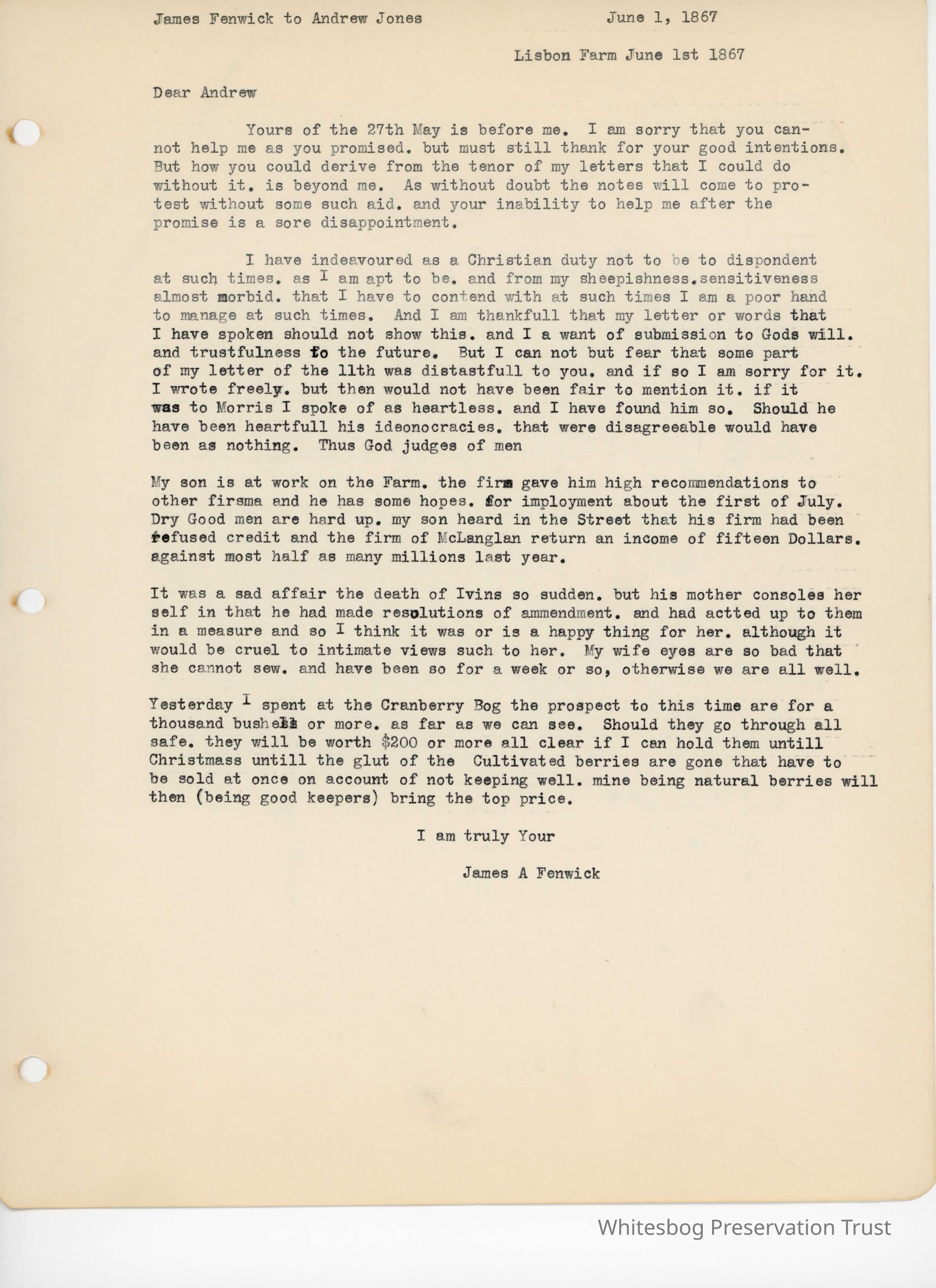 James Fenwick to Andrew Jones - June 1, 1867 picture number 1