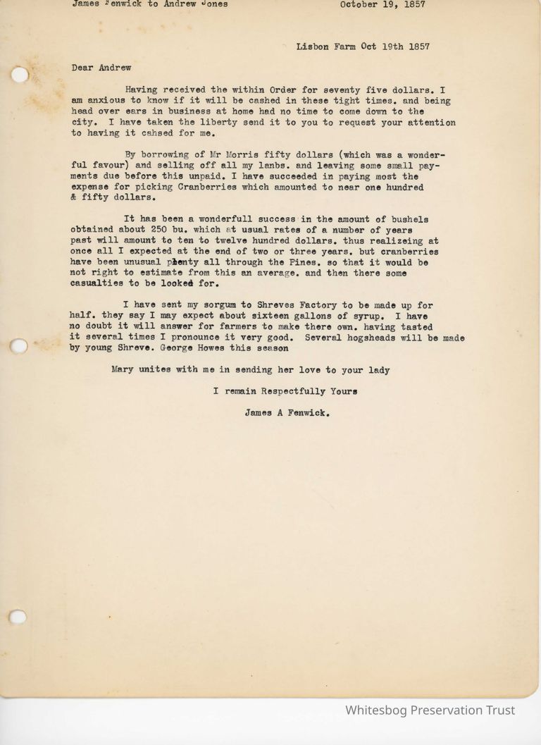          James Fenwick to Andrew Jones - October 19, 1857 picture number 1
   