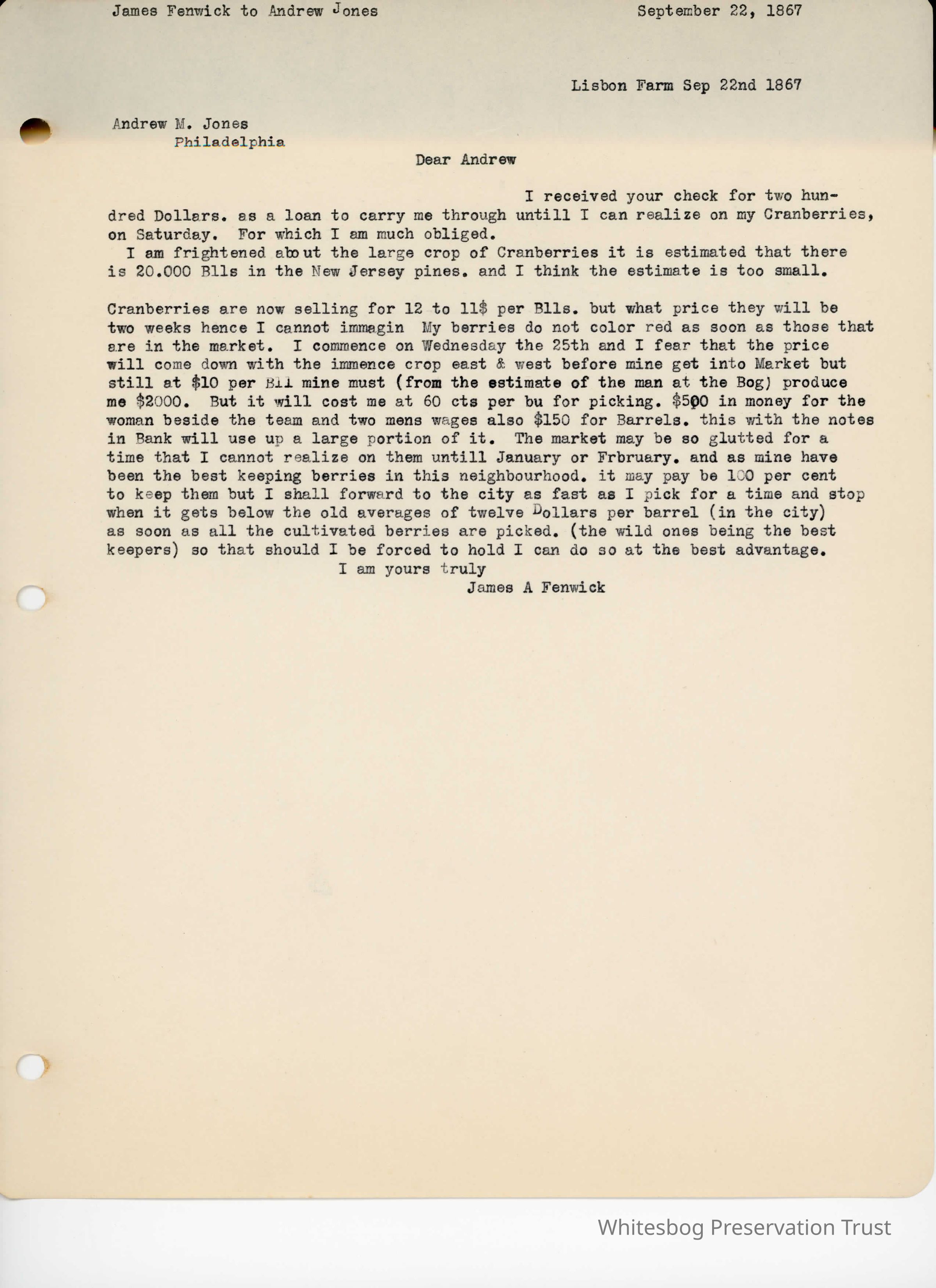 James Fenwick to Andrew Jones - September 22, 1867 picture number 1