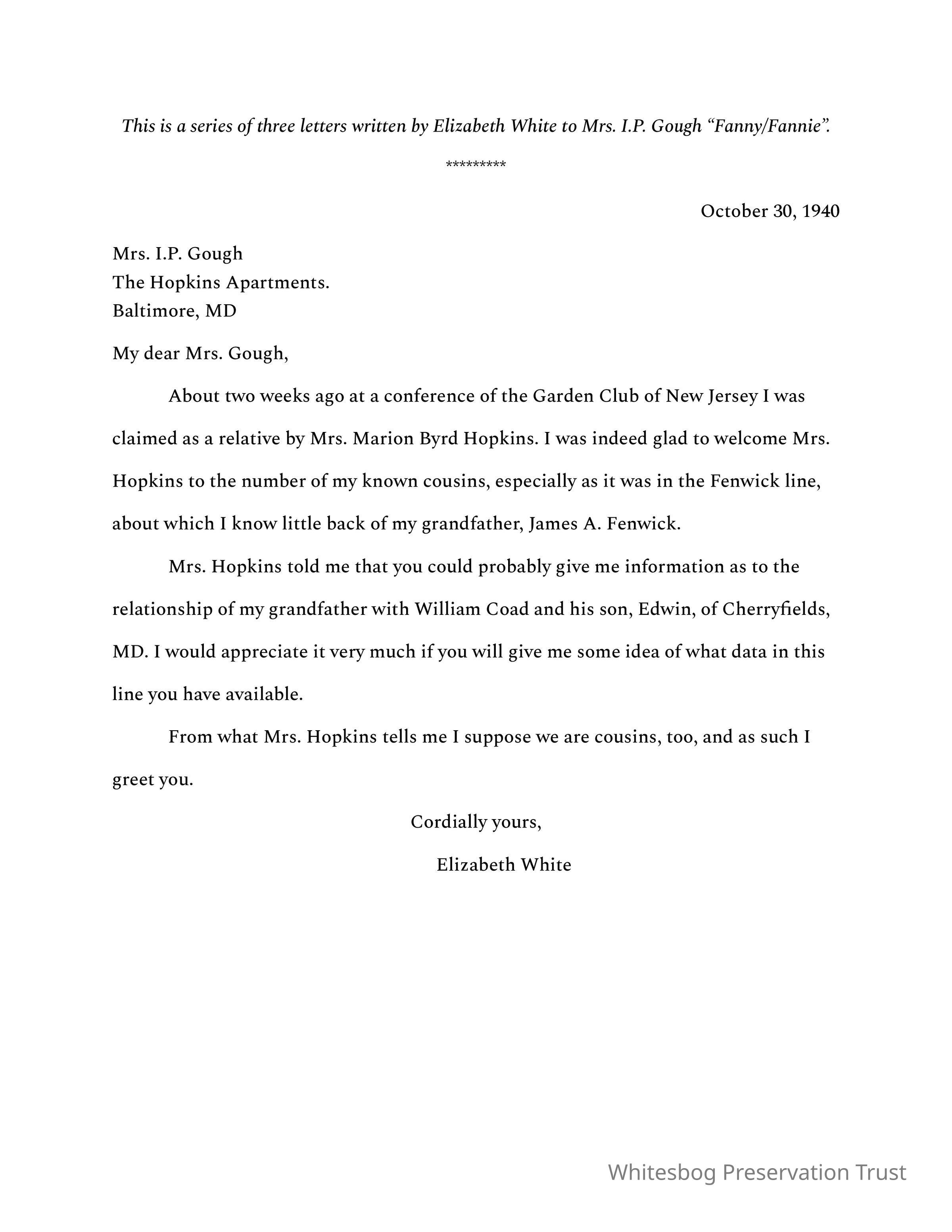 Elizabeth White to Mrs. I.P. Gough