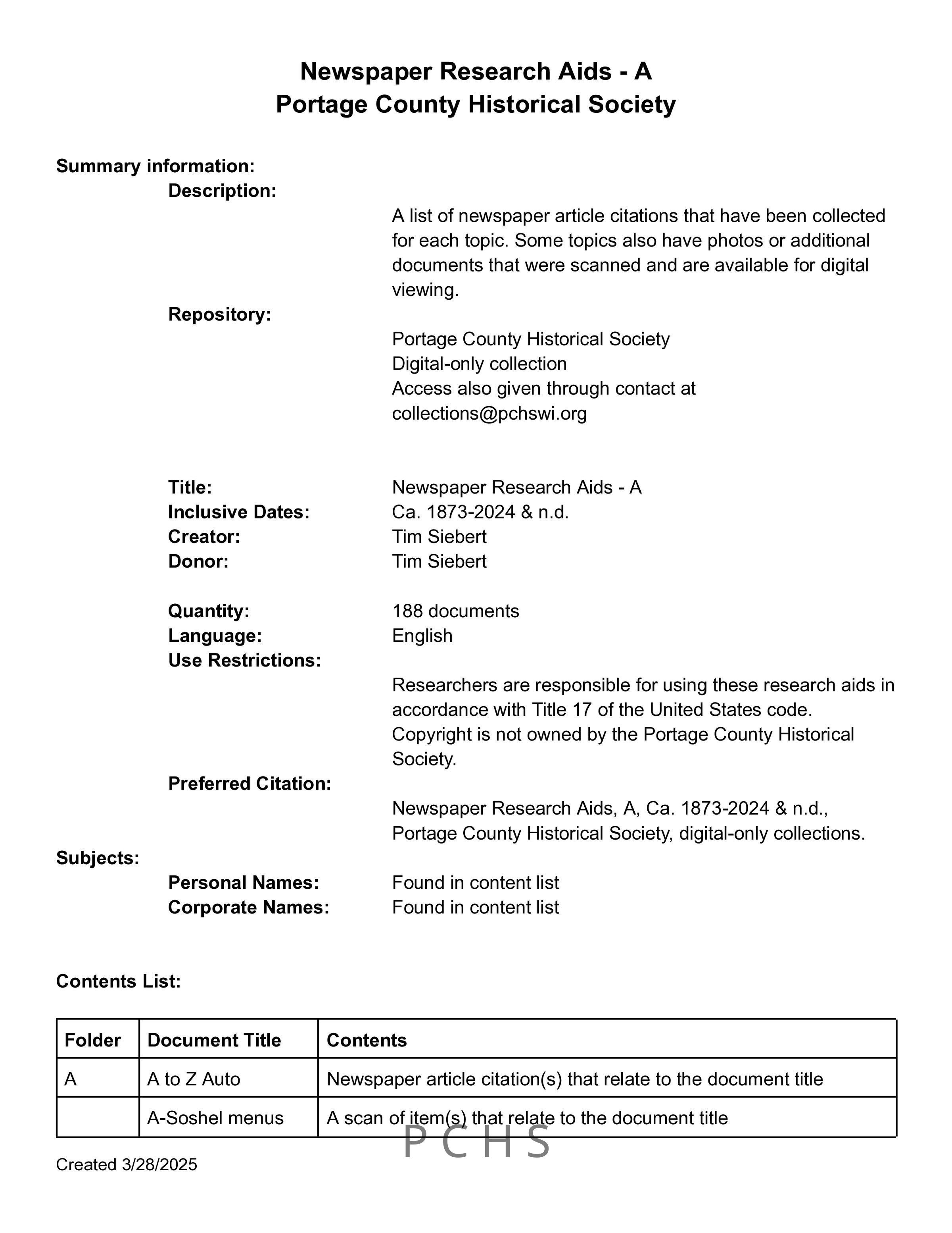 Research Aid - A: A list of all the topics found in this collection. Click to view the full list. Documents can be viewed here or by emailing collections@pchswi.org